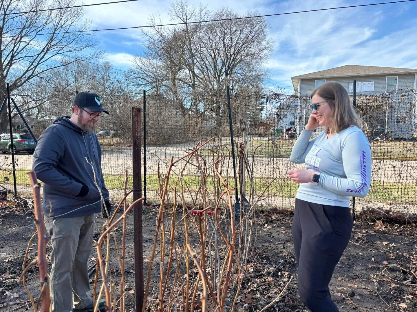 We made good use of the beautiful weather today and pruned and supported the raspberry bushes at Project Insight! Our raspberries have been a struggle to maintain, and we tried a new technique to support them with wire and twist ties. We can&rsquo;t 