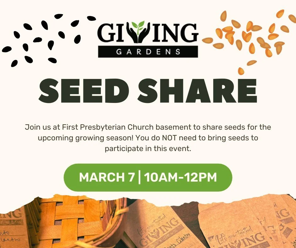 Get ready for our annual Seed Share event! Mark your calendars for Saturday, March 7th from 10am-12pm. You don't have to bring seeds, but you are more than welcome to! 🌱

 #seedshare #seeds #share #community #CommunityEvent #givinggardens #MarkYourC