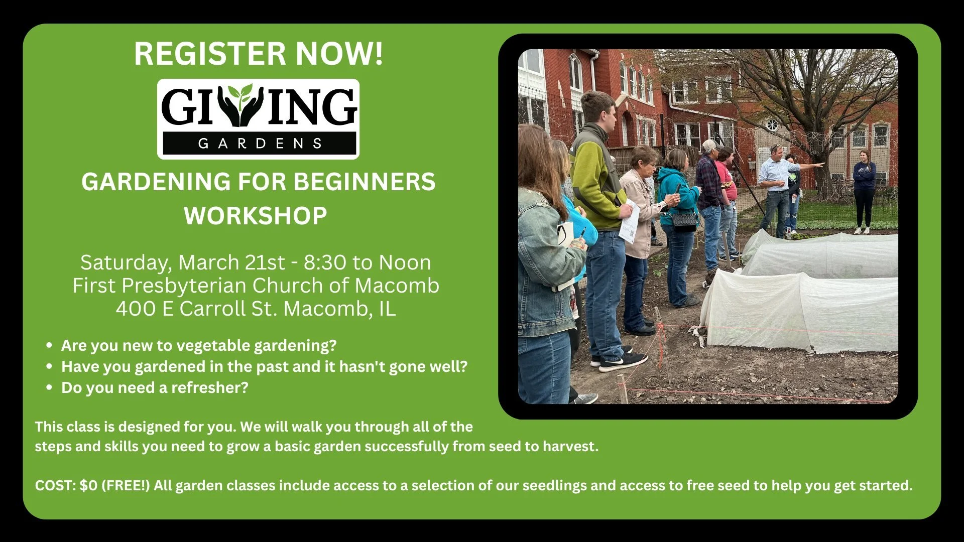It's time! 🌱 The Giving Gardens is holding its annual gardening workshop series! 
You can register now to join us and learn all our pro tips to have a garden at home that is just as beautiful and productive as our public-access gardens. 
Click the l