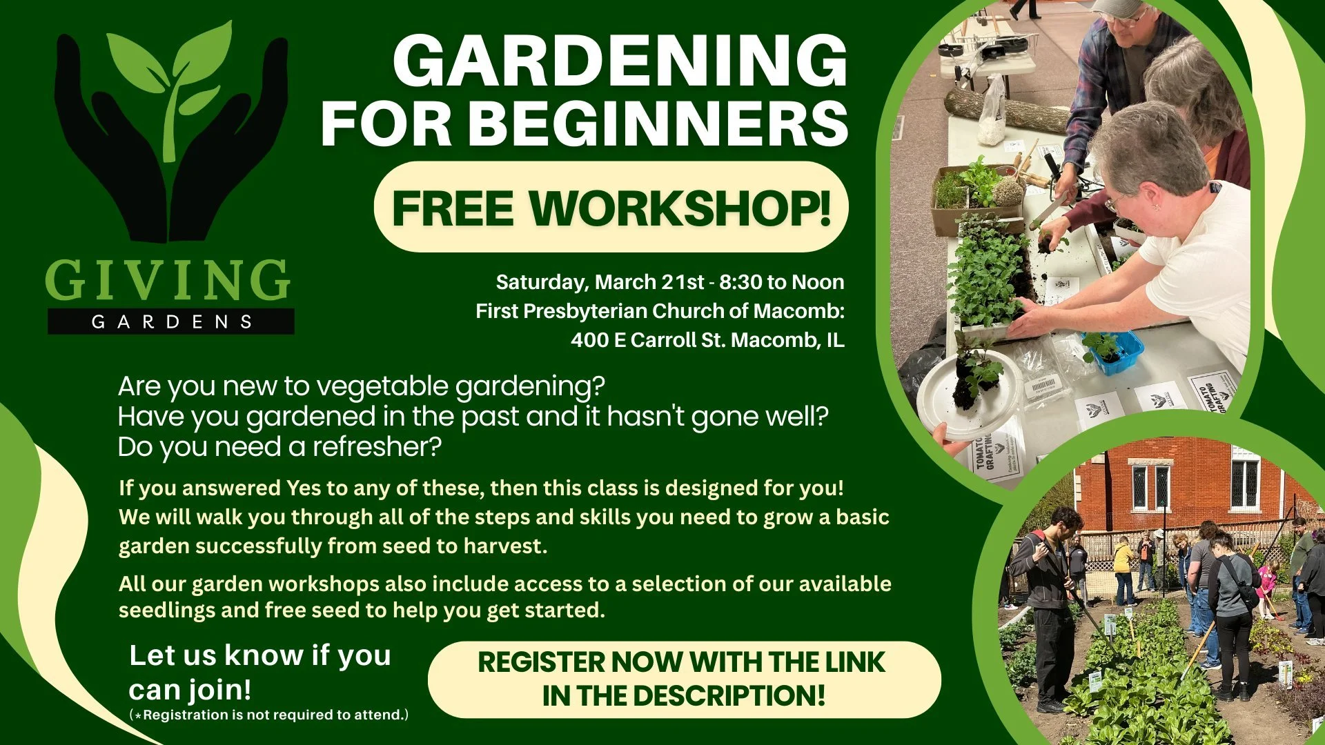 Even though it may not feel like it outside right now, it will be nearly 80 degrees this Saturday🌞! What a beautiful day to get out and join us for our Gardening for Beginners FREE Workshop! We would love to see you there. Bring your friends!
Regist