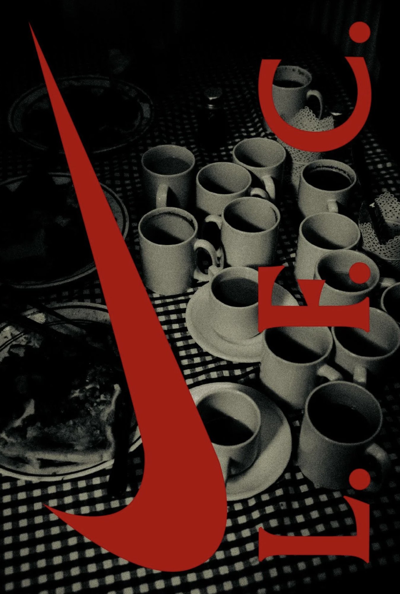 A table with several white coffee cups, some on saucers, on a black and white checkered tablecloth. There are also some food dishes on the table, and a large red Nike swoosh logo with Arabic text overlaid on the image.
