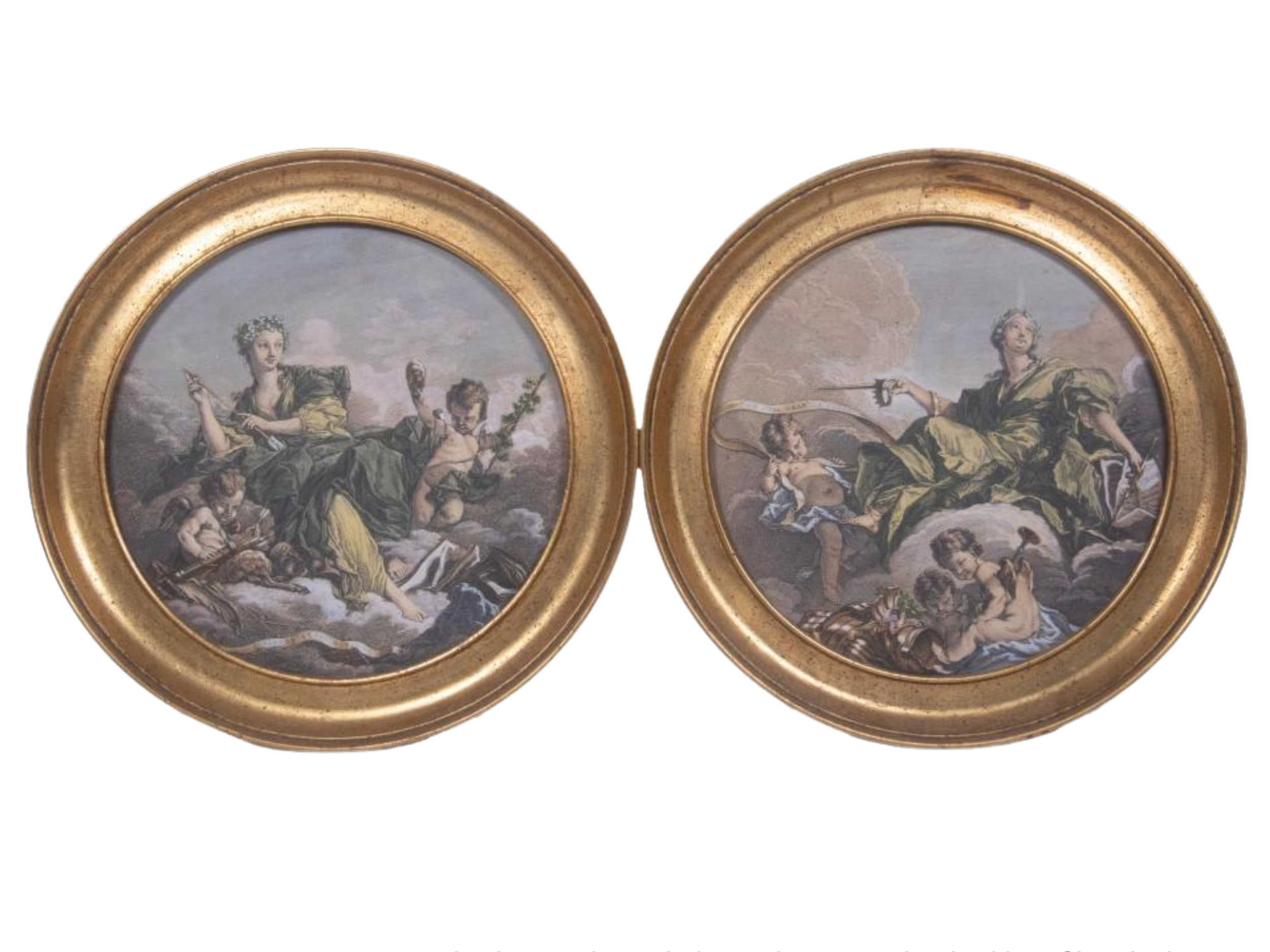Two framed classical paintings depicting War and Peace figures in robes and clouds, set in oval gilded frames - Lot 4108 in the Cabin Fever auction on January 30th.