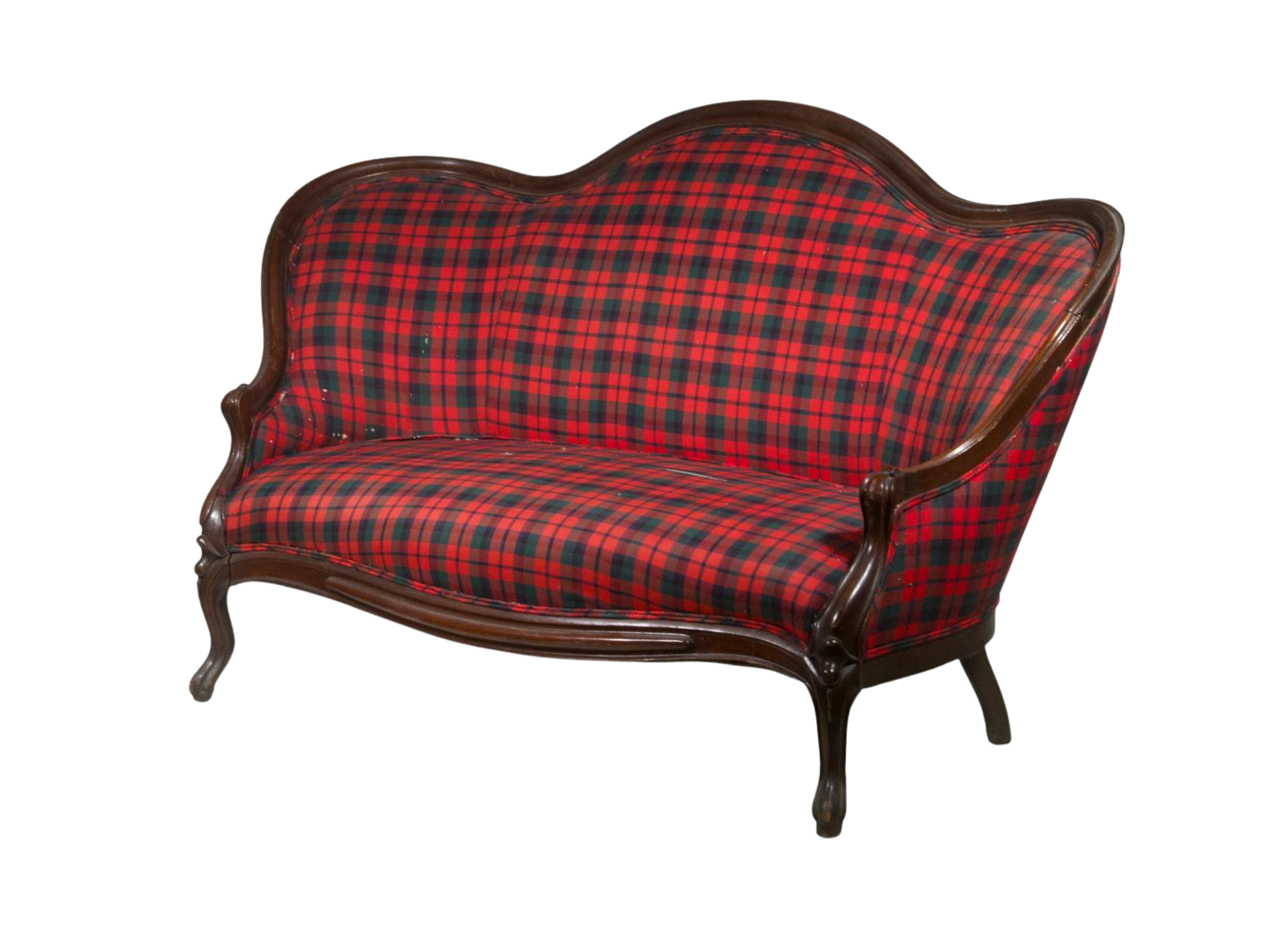 An antique-style loveseat with a dark wooden frame and red, green, and black plaid upholstery - Lot 3091 in the Cabin Fever auction on January 23rd.