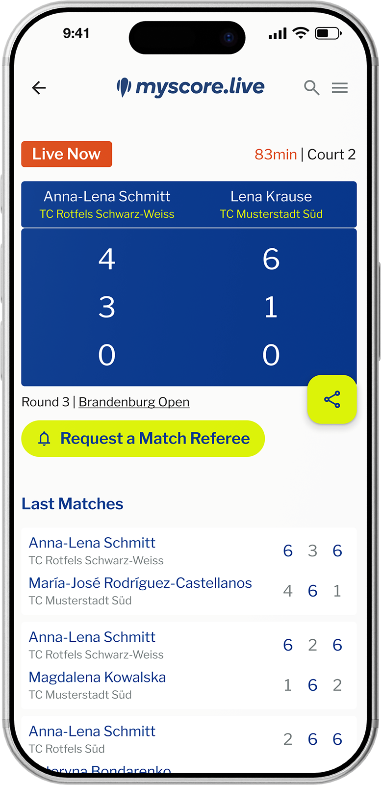 Mobile phone screen showing live tennis scores from myscore.live, with a match between two players, including recent match scores and options to request a referee.