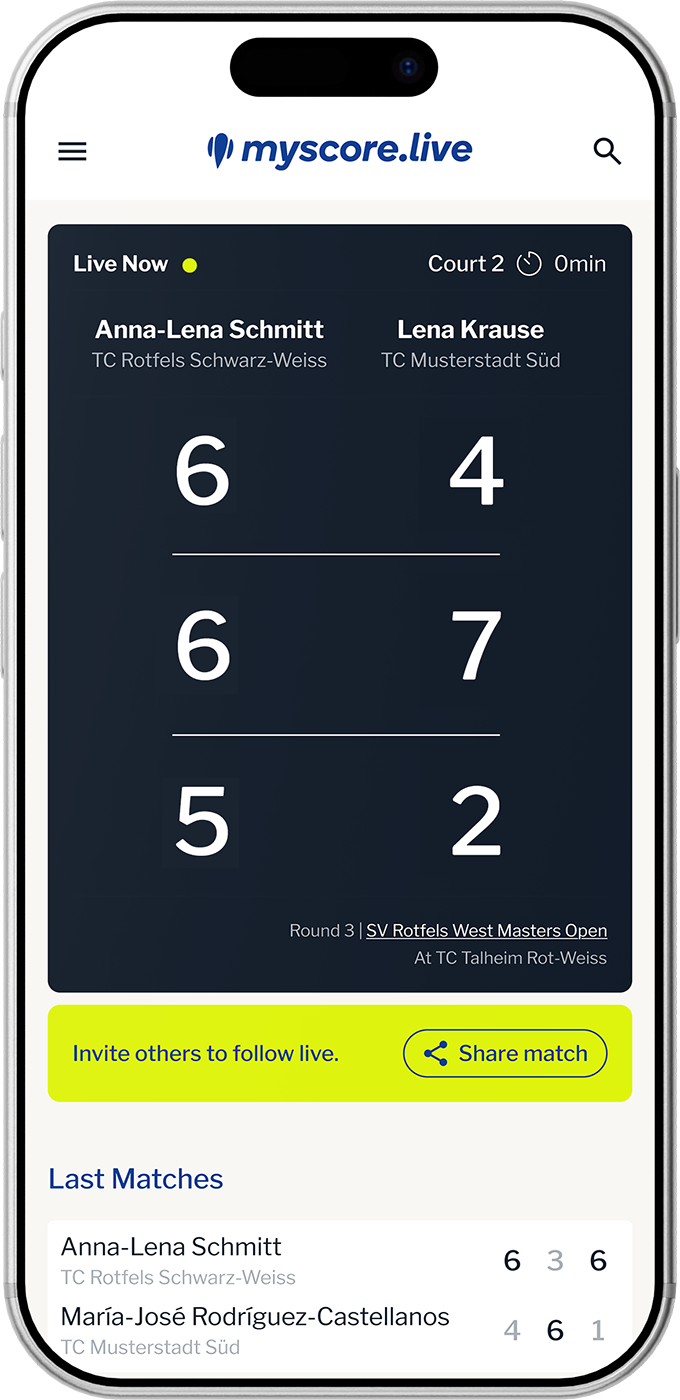 Live score of a tennis match on a smartphone screen. myscore.live scoreboard web app