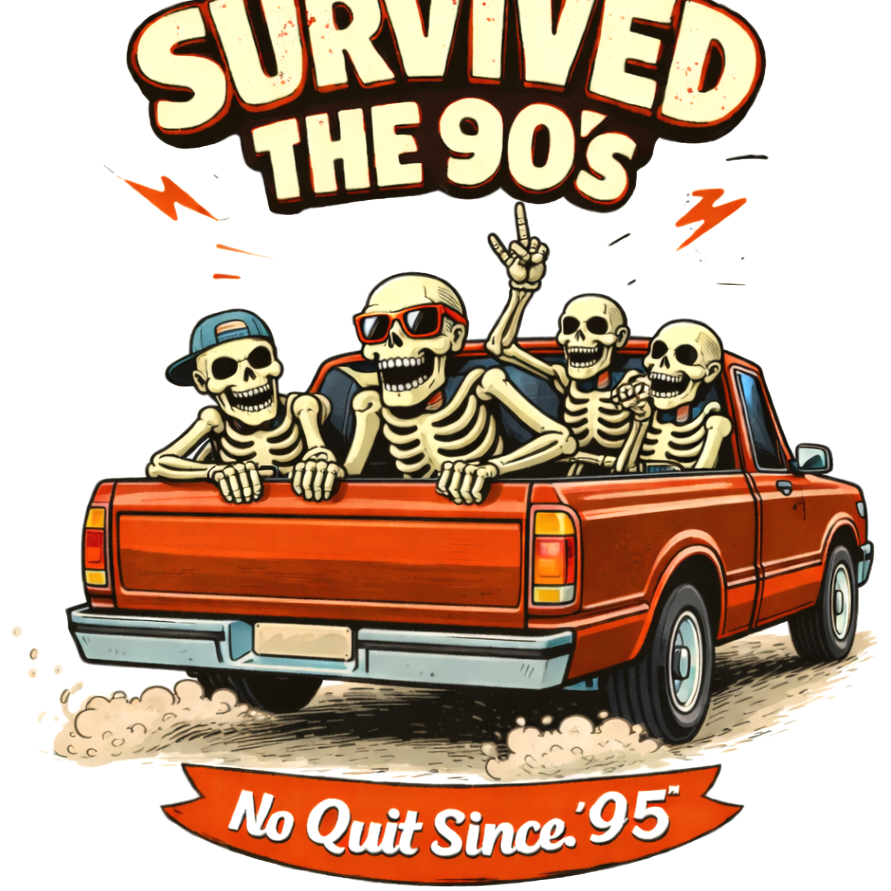 Four cartoon skeletons riding in the back of a red pickup truck with a banner reading "Survived the 90's, No Quit Since '95." The skeletons are wearing sunglasses and a cap, with one skeleton raising its hand. The background has small orange lightning bolts.