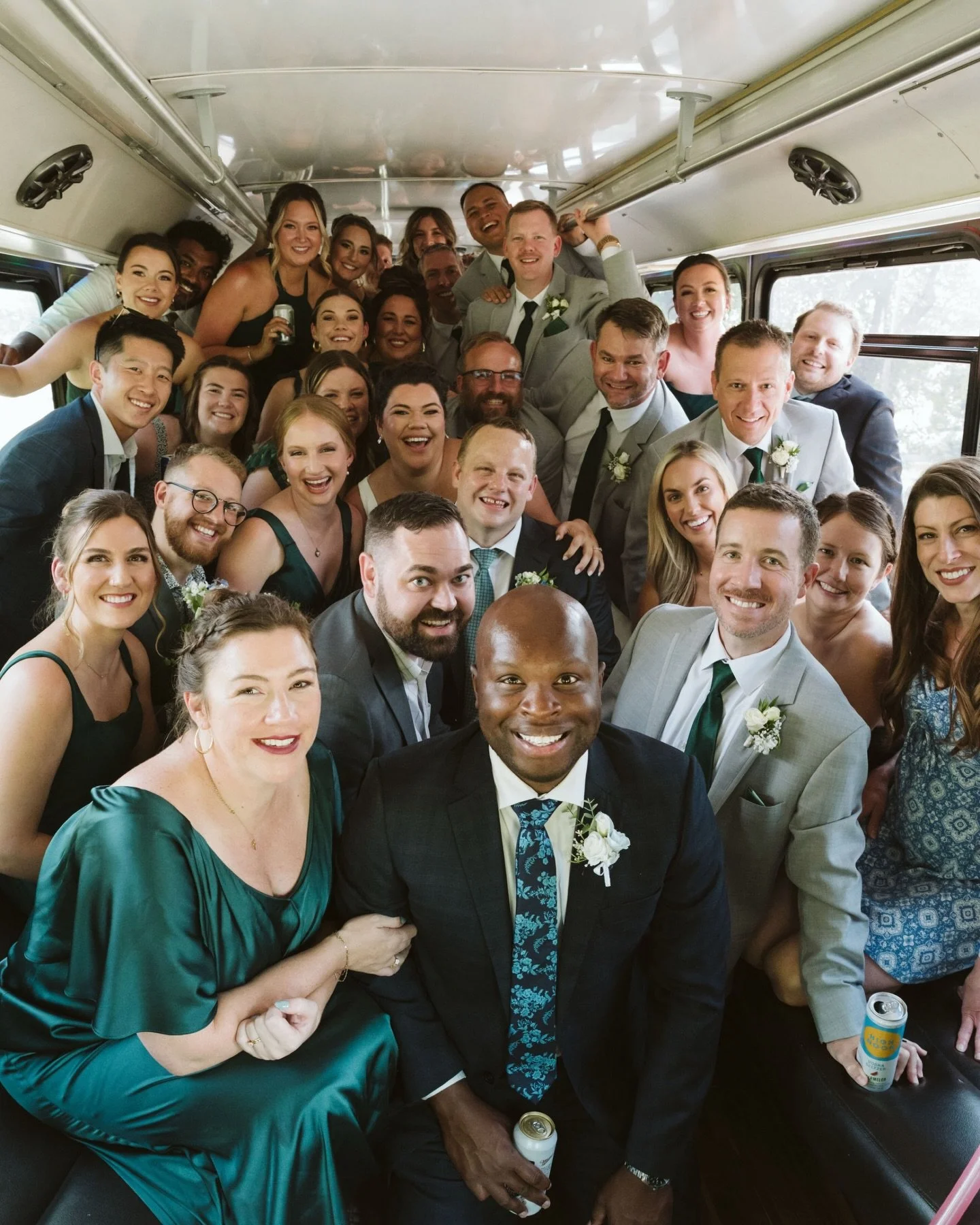 Party bus energy: unmatched. 🥂🎉 The perfect way for the wedding party to relax, laugh, and roll into the celebration together.