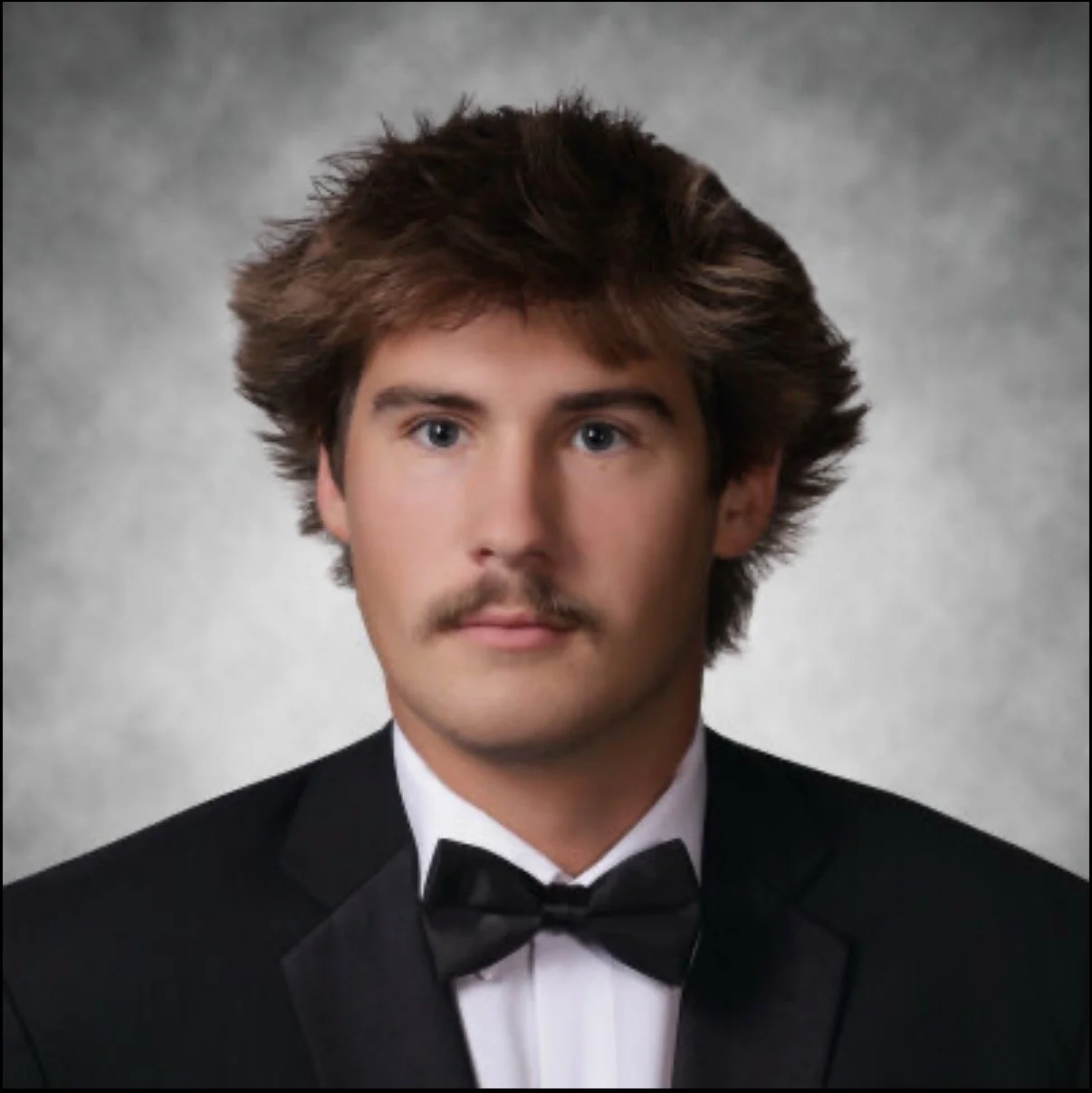 Young man in a blue suit and striped tie standing outside a large brick building with a modern architectural design, smiling at the camera, during daytime.