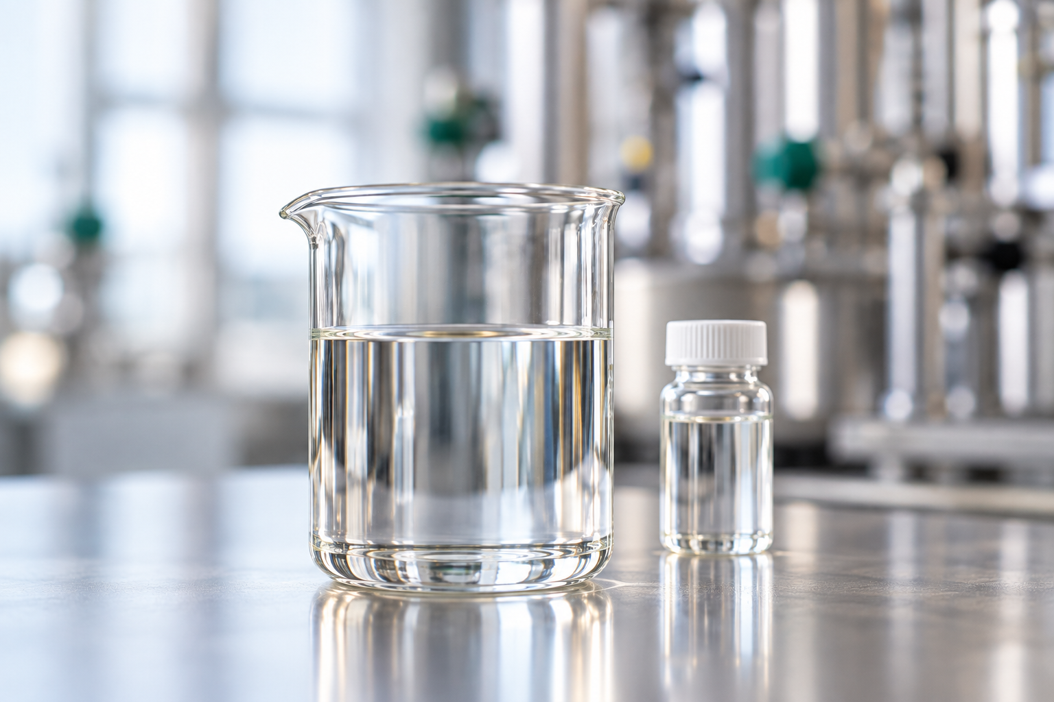 glass beaker with clear liquid