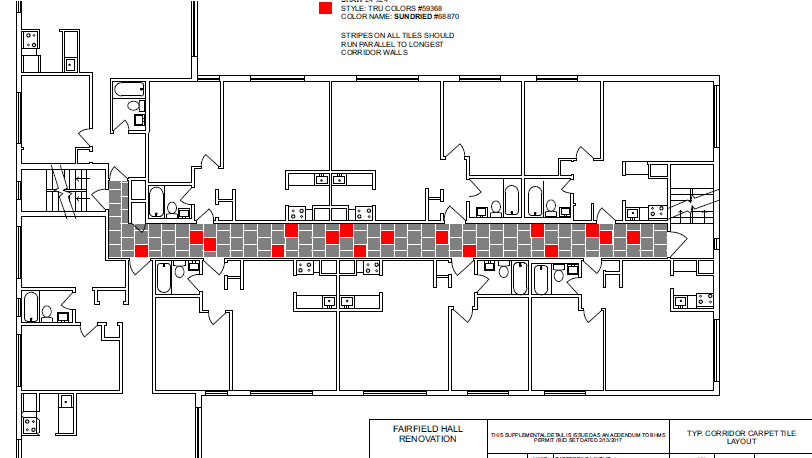 Floor plan layout of Fairfield Hall renovation showing corridor with red and gray tiles, with rooms on either side. The corridor has a pattern of tiles along its length.
