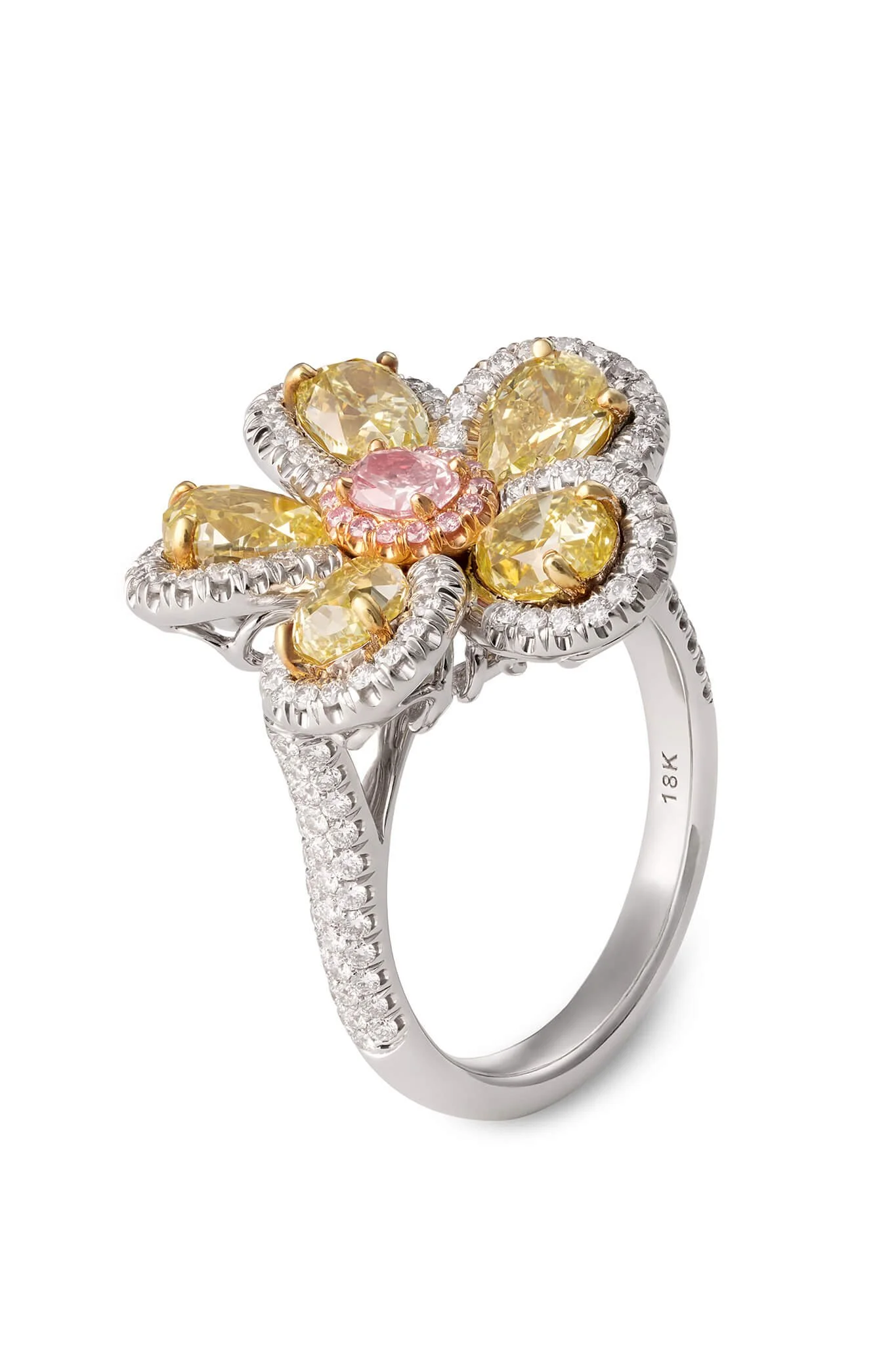 Pink and Yellow Diamond Ring on White
