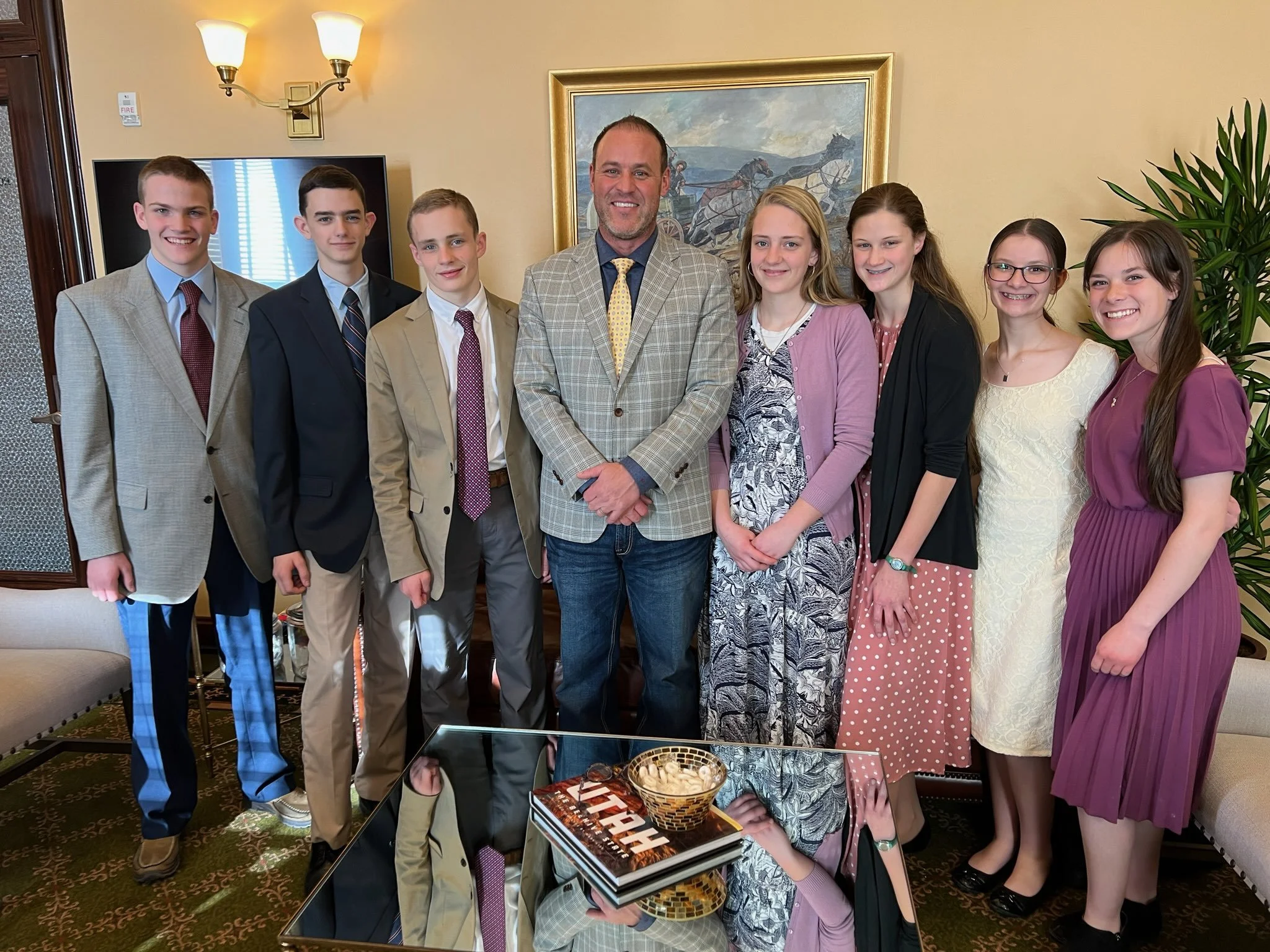 Utah Eagle Forum Interns visiting with Utah House Speaker Mike Shultz at the Utah State Capitol