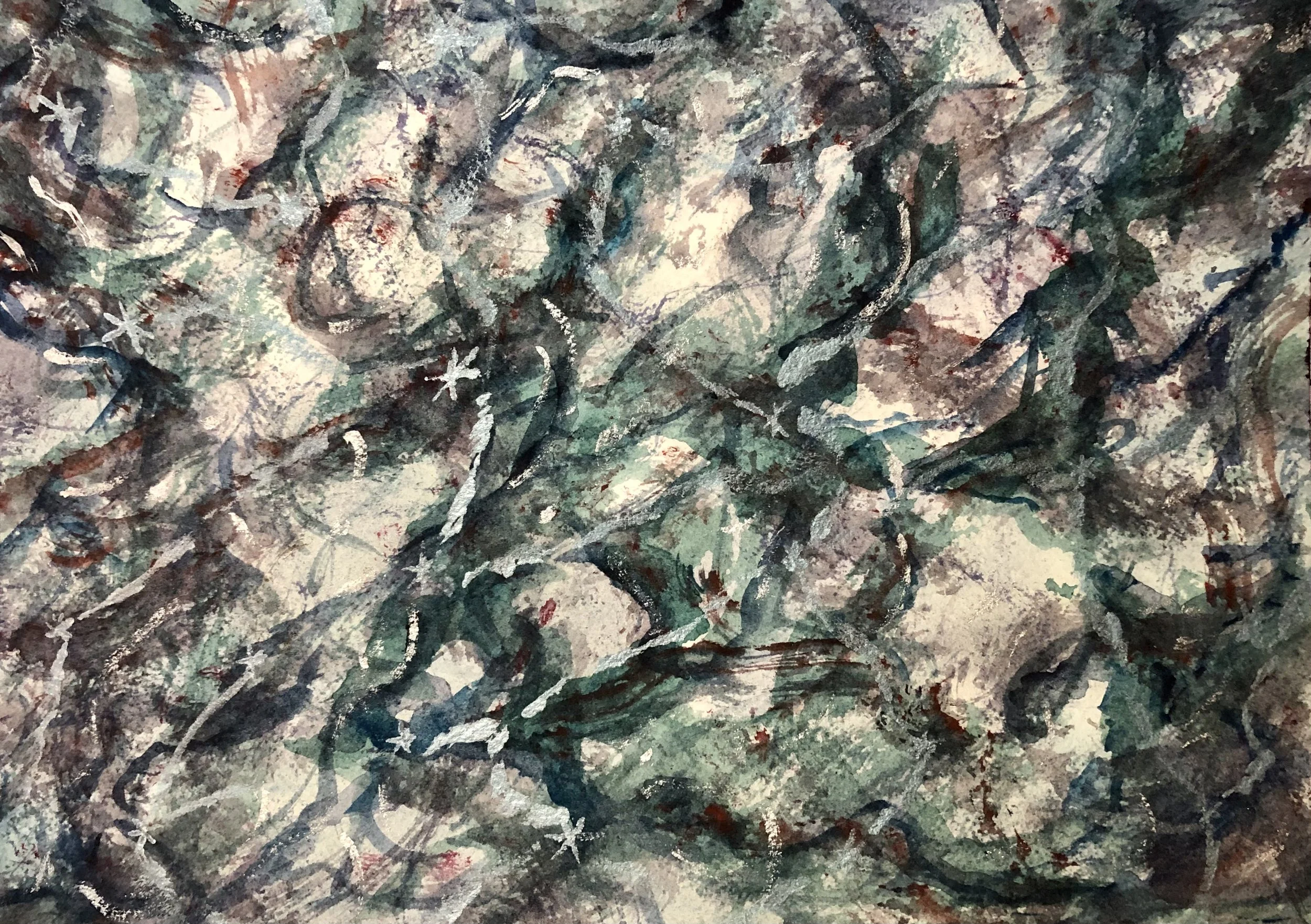 Abstract painting with dark green, black, white, and beige colors, featuring swirling lines and star-like shapes.