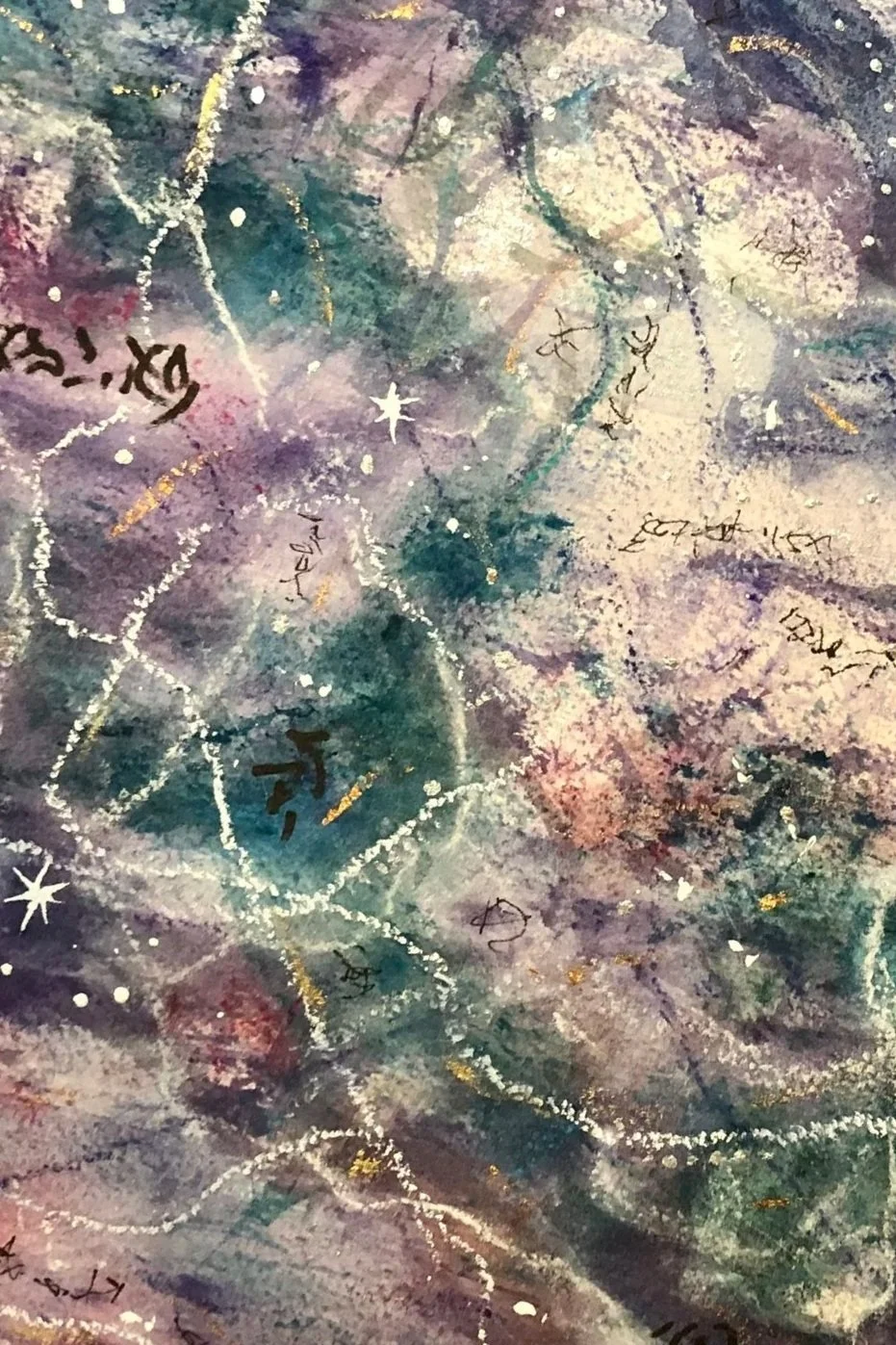 Abstract watercolor painting with pastel shades of purple, pink, blue, and green, accented with white and gold dots and lines, featuring handwritten text and star-like symbols.