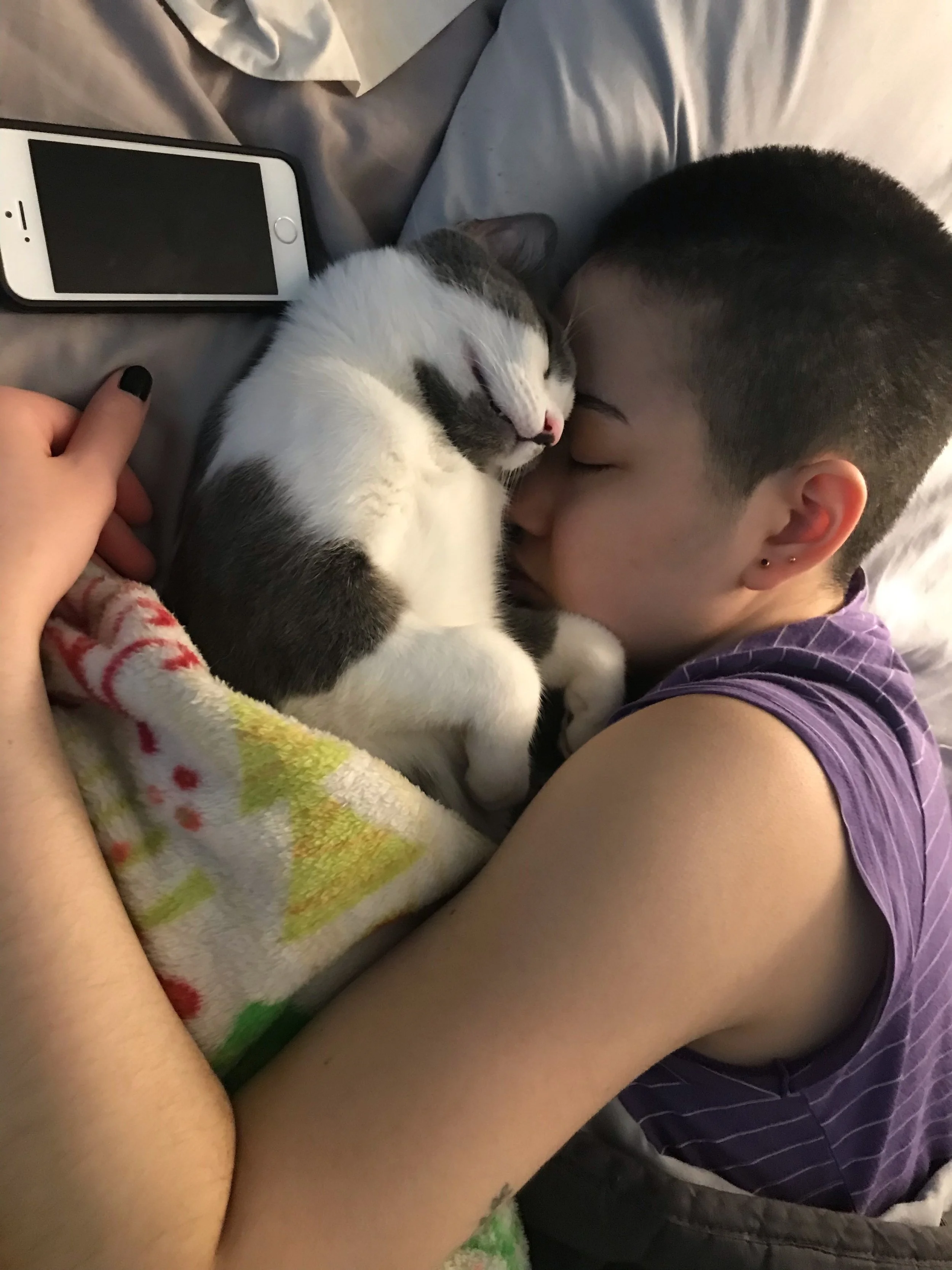 A person and a cat cuddling on a bed with a smartphone nearby.