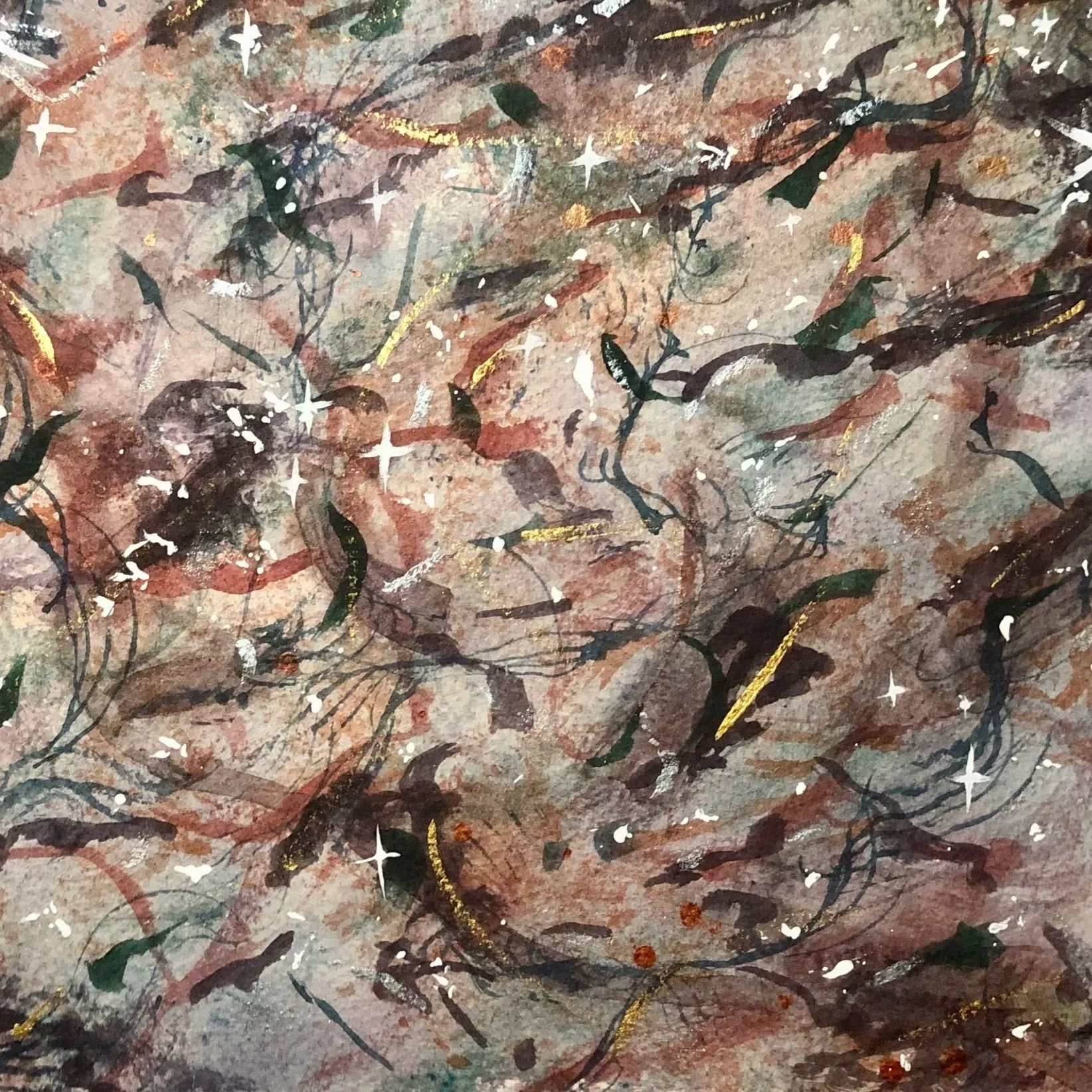 Abstract watercolor painting with black, brown, green, and gold brushstrokes, white stars, dots, and splashes on a textured background.