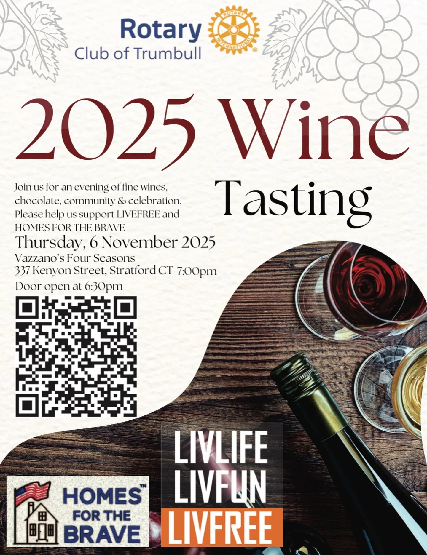 New event alert #Trumbull friends! Our supporters @trumbullrotary are hosting a great wine tasting night to benefit LivFree and @homesforthebrave. Visit www.trumbullrotary.org to join!