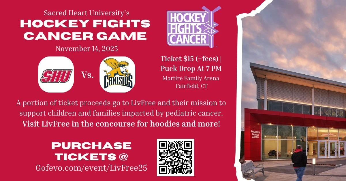 LAST CALL! Get your tickets for Hockey Fights Cancer night with @sacredheartmih. Buy tickets through GoFevo.com/event/LivFree25 and a portion of proceeds support LivFree. Plus stop by LivFree in the concourse for hockey raffles, merch sales and 24 Ho