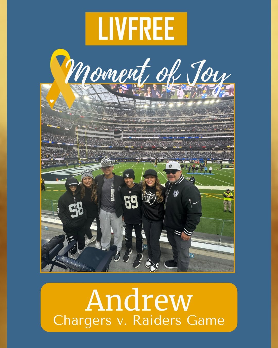 A moment of joy for 12-year-old Andrew and his family at a Raiders v. Chargers game this season! Pediatric cancer treatment often requires extensive travel - meaning long, painful separations between parents and siblings. While Andrew and his mom wer
