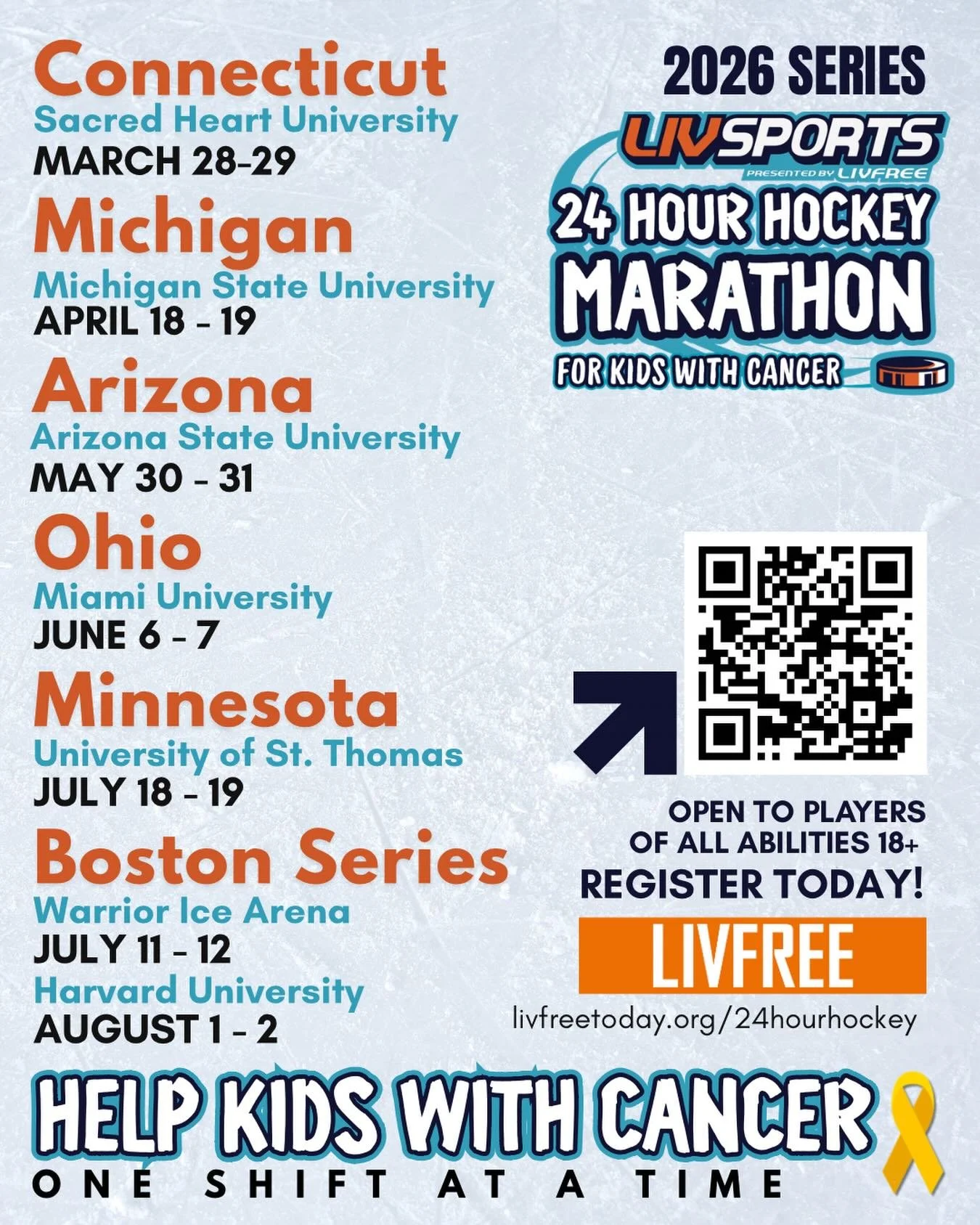 🚨Hockey Players🚨The 2026 Marathon Series is open for registration! Be a part of something bigger than the game 🏒. Premier rinks, electric atmosphere, a community coming together for a special cause. Sign up today! www.LivFreeToday.org/24HourHockey
