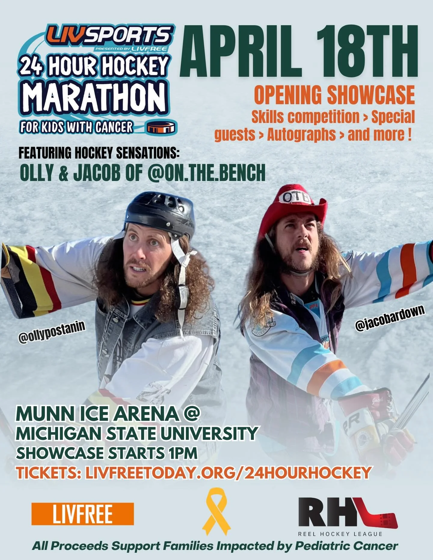 Tickets on sale NOW for the Opening Showcase of the Michigan State 24 Hour Hockey Marathon!

Featuring performances from Olly &amp; Jacob of @On.The.Bench as they headline a 🔥 skills competition you won&rsquo;t want to miss 👀

Then stick around and