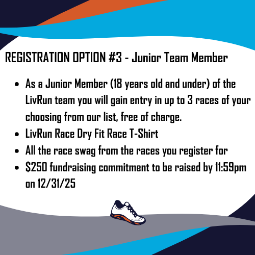 Information about registration options for junior team members in a running event, including race entry, T-shirt, swag, and fundraising commitment, with a graphic of a running shoe at the bottom.