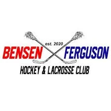 Logo of Bensen Ferguson Hockey & Lacrosse Club with crossed hockey sticks, established 2020, in red and blue text.