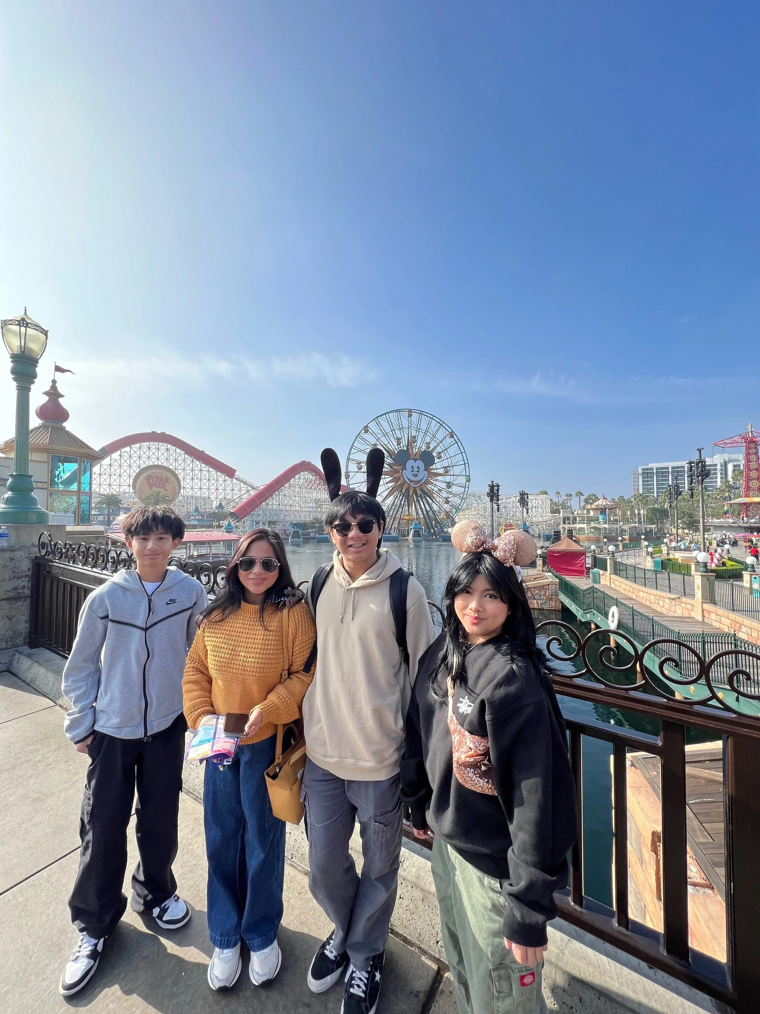 Four friends standing together at Disneyland, with the Ferris wheel and roller coaster in the background. They are smiling, some wearing themed accessories like Mickey Mouse ears and bunny ears, outdoors on a sunny day.