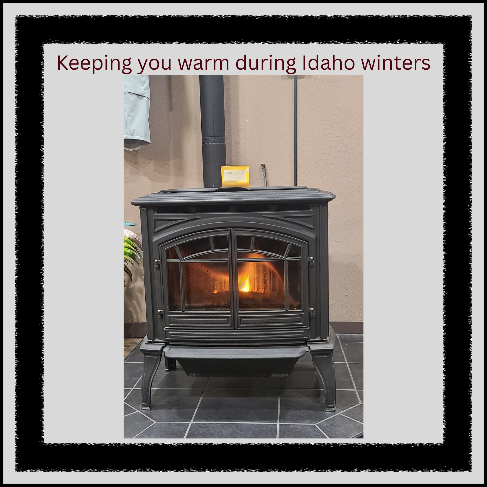 Cozy pellet stove heating Morning Wood Brew coffee house in American Falls, Idaho during winter.