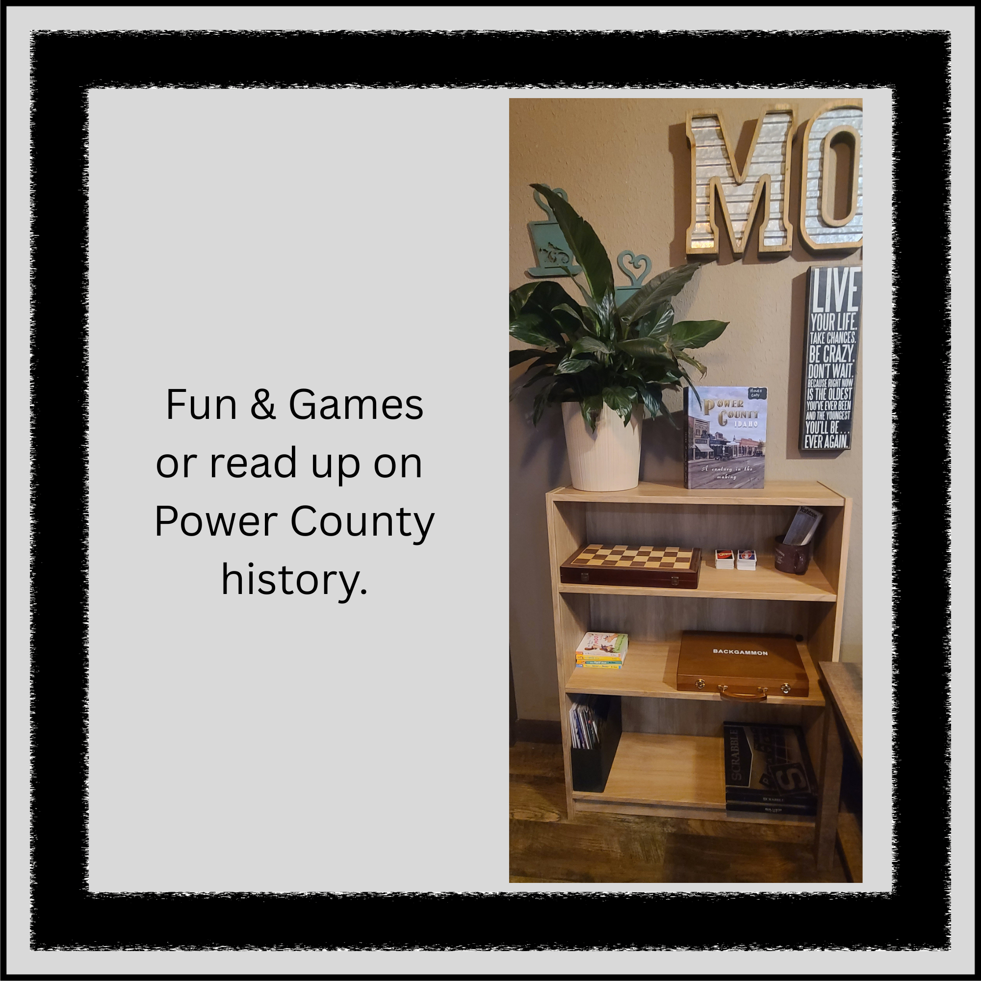 Board games and Power County history book displayed on shelf inside Morning Wood Brew in American Falls, Idaho