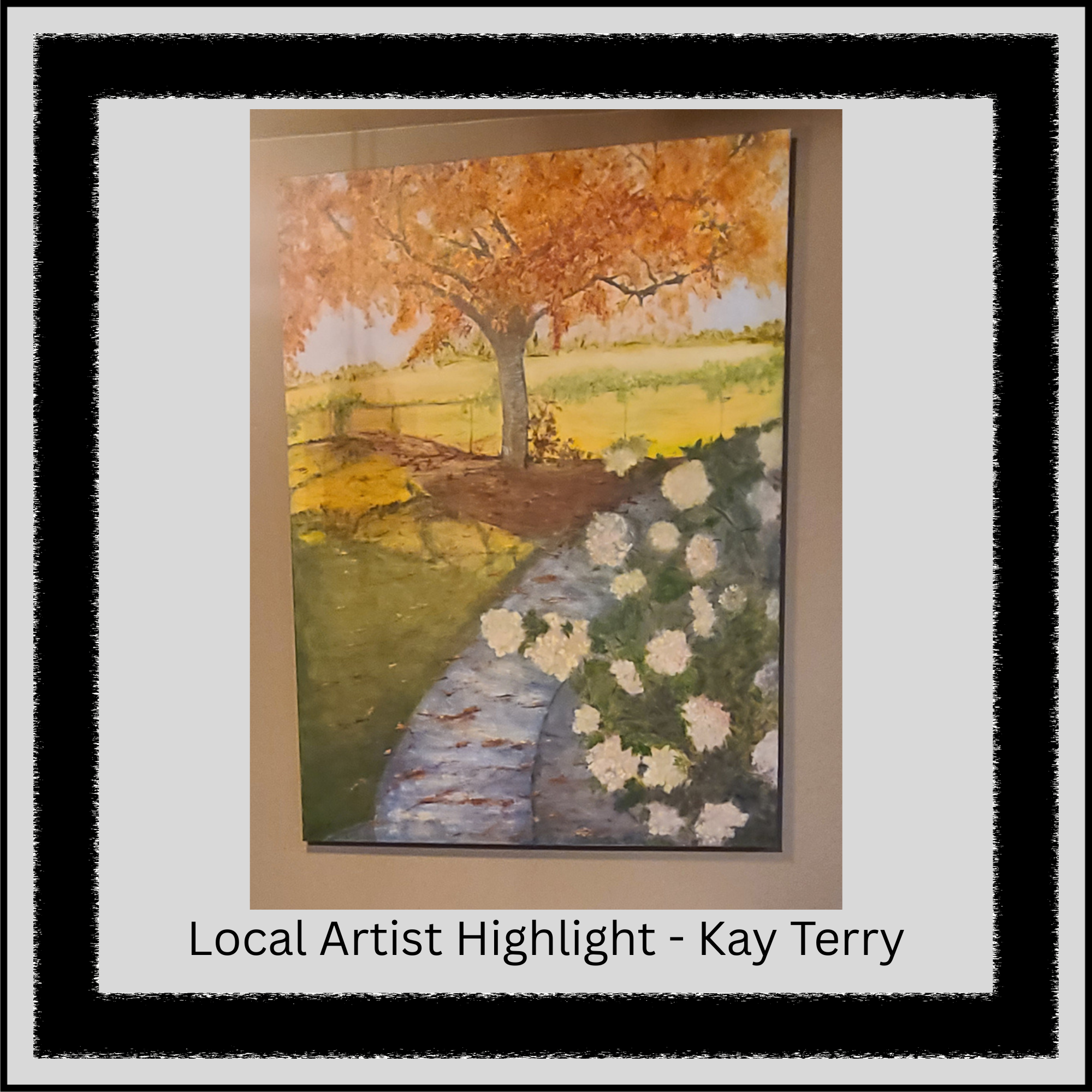 Local artist Kay Terry painting displayed inside Morning Wood Brew featuring a landscape with tree, pathway, and floral details