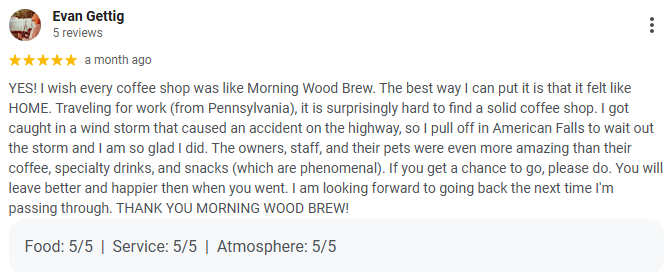 Screenshot of a 5-star Google review from a customer of Morning Wood Brew