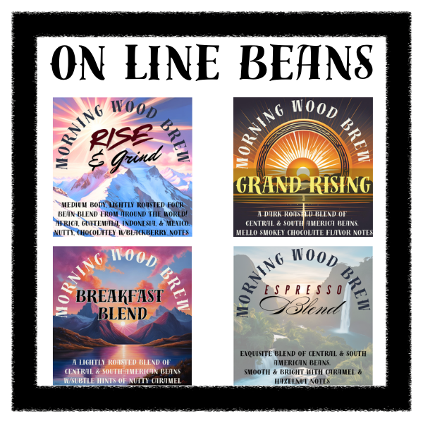 Morning Wood Brew coffee blends including Rise & Grind, Grand Rising, Breakfast Blend, and Espresso Blend available for online purchase.