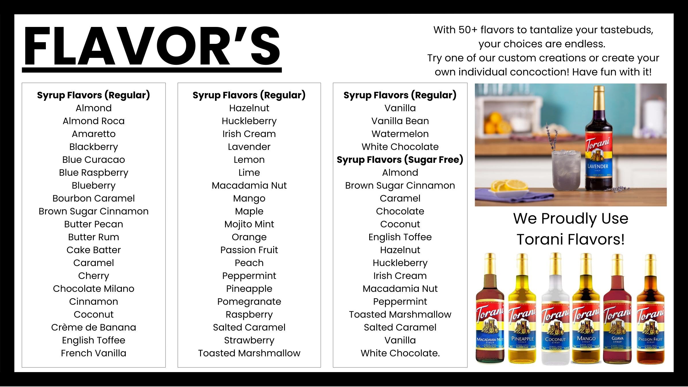 Flavor options menu at Morning Wood Brew