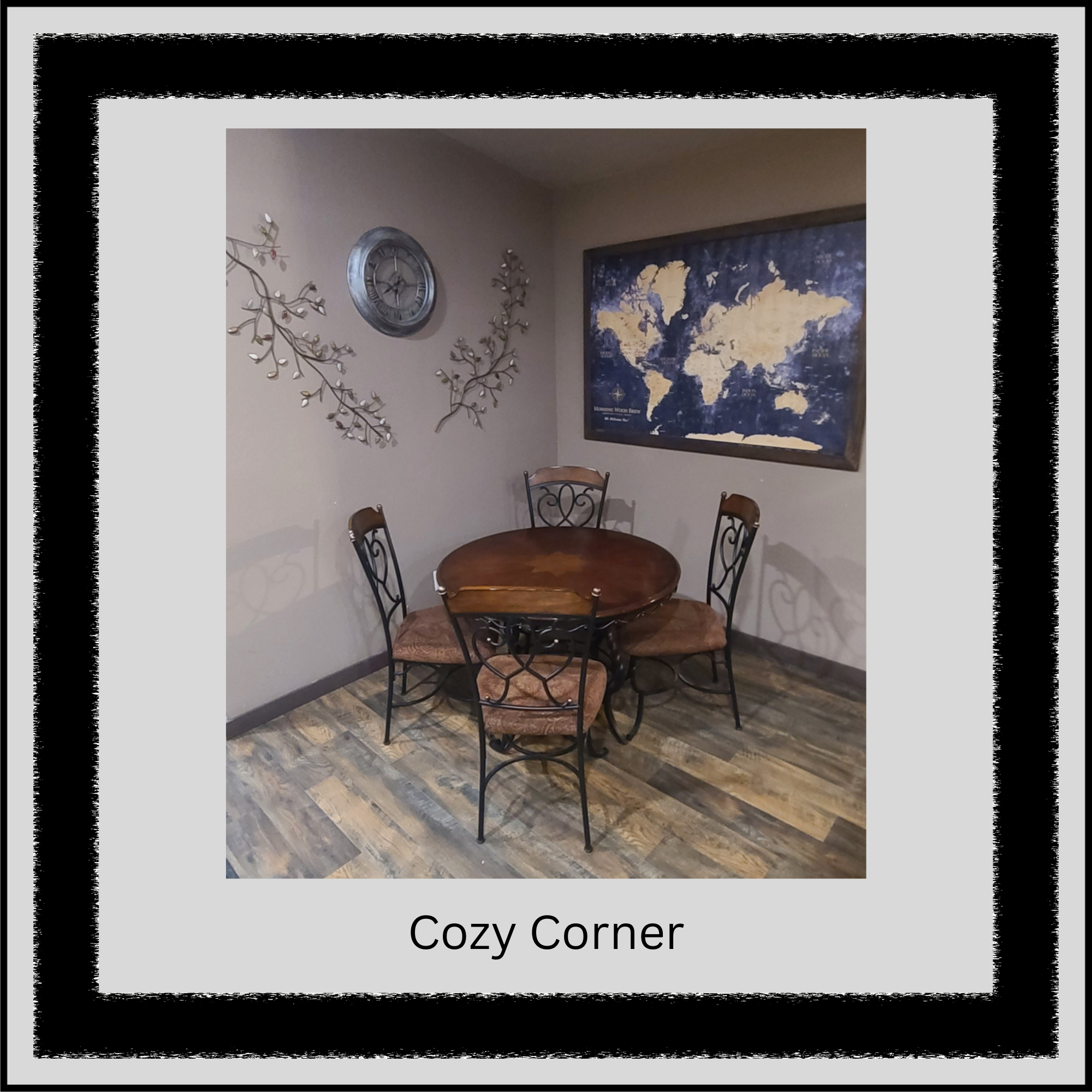 Cozy table seating inside Morning Wood Brew coffee house in American Falls, Idaho