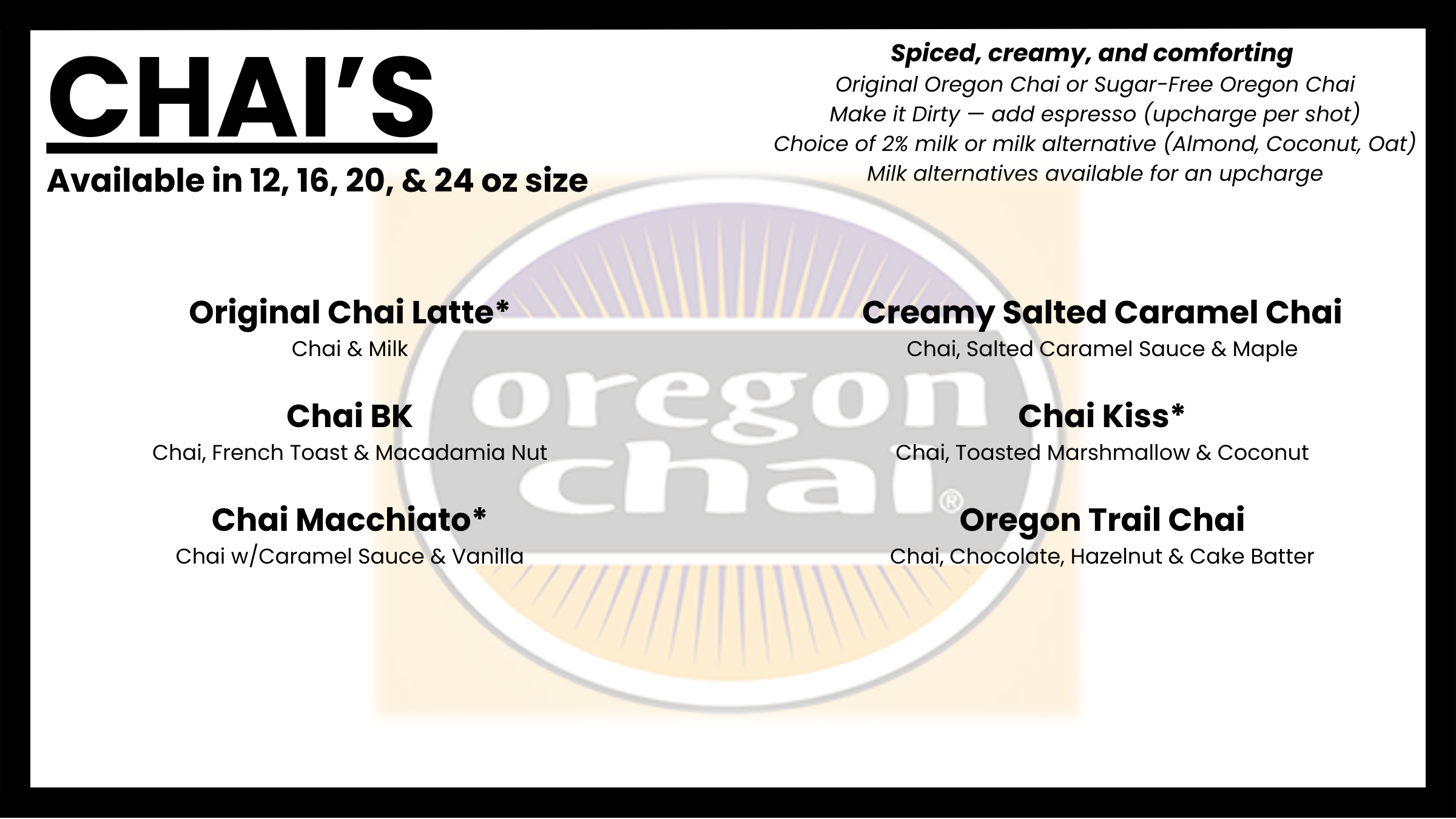 Chai menu at Morning Wood Brew