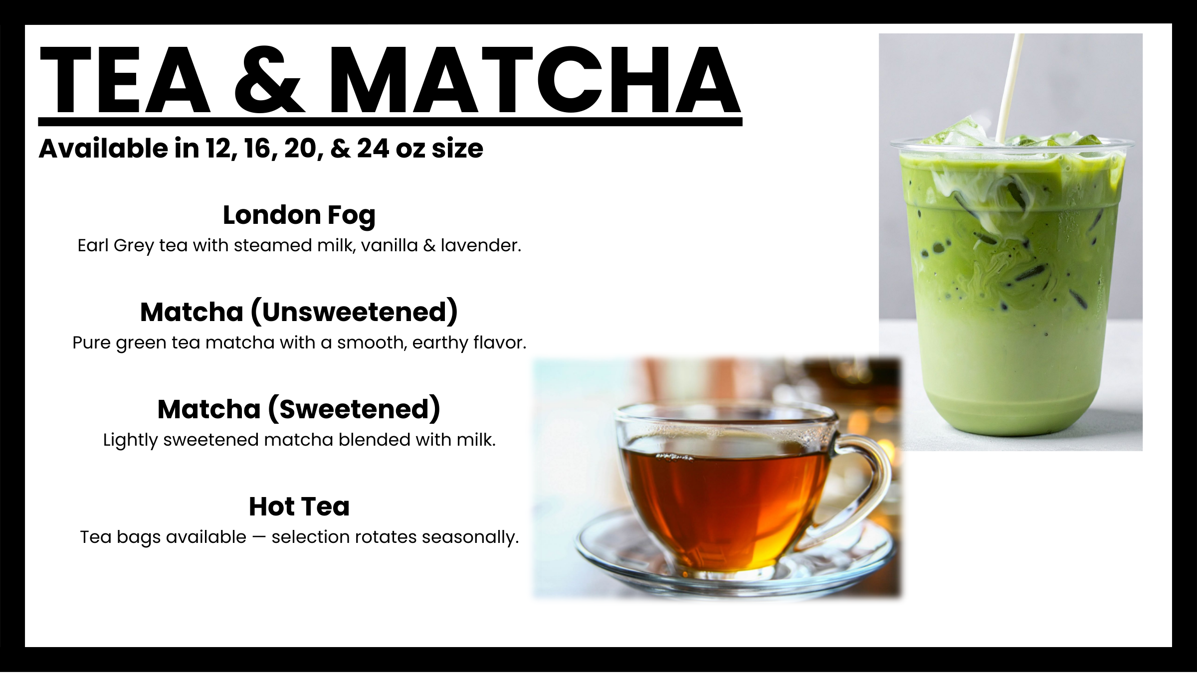 Tea and matcha menu at Morning Wood Brew