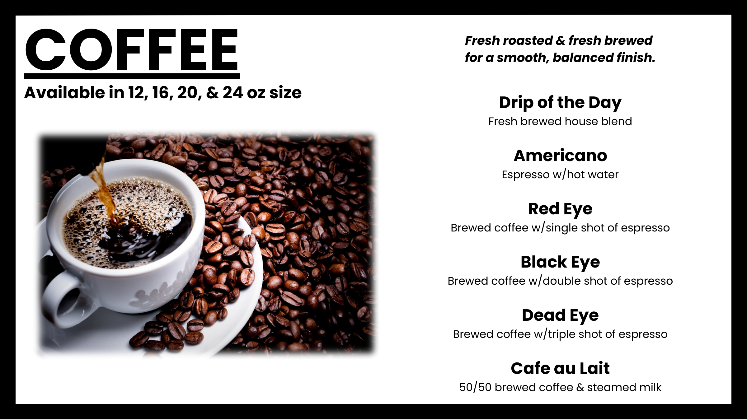 Coffee menu at Morning Wood Brew