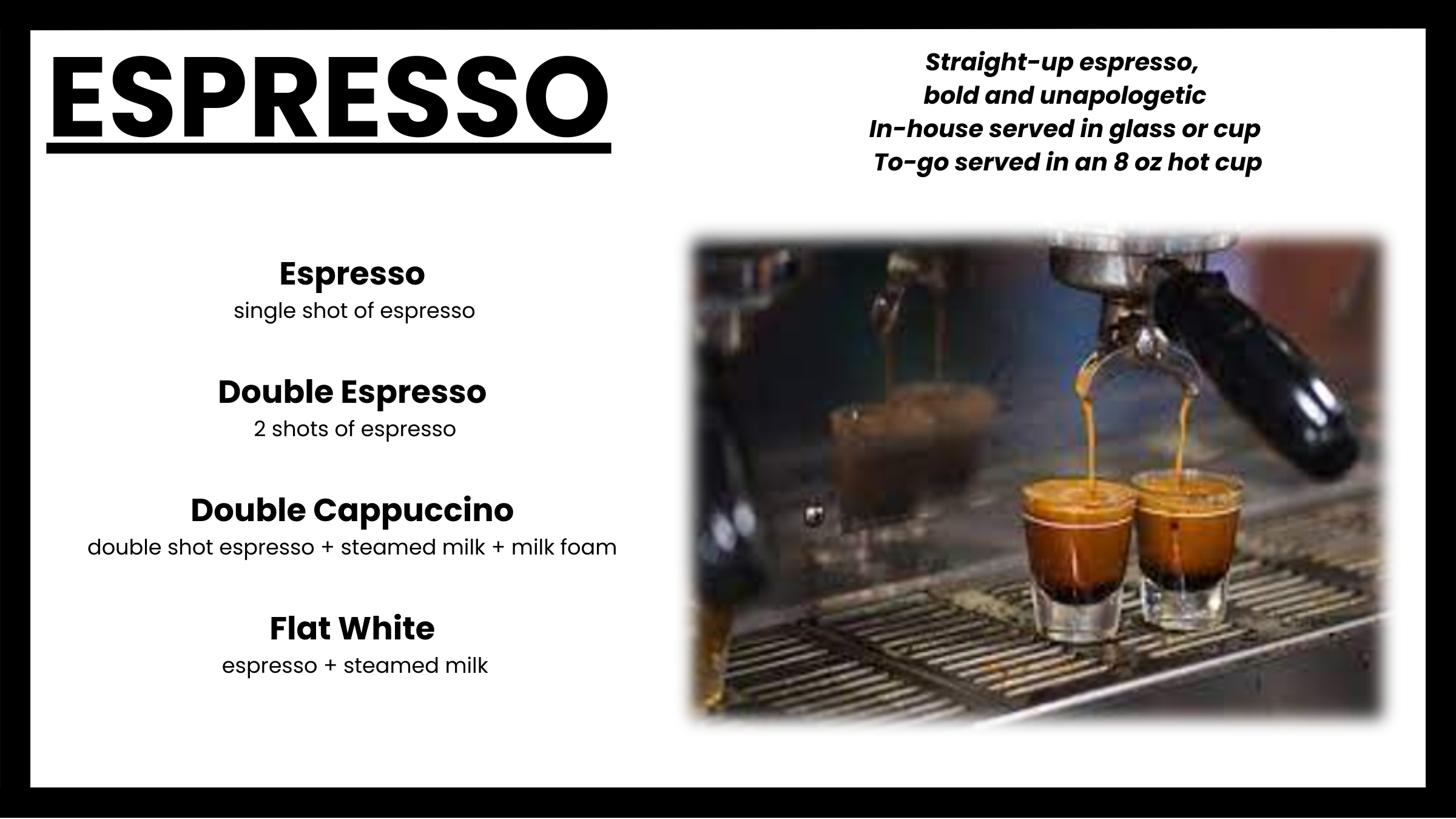 Espresso menu at Morning Wood Brew