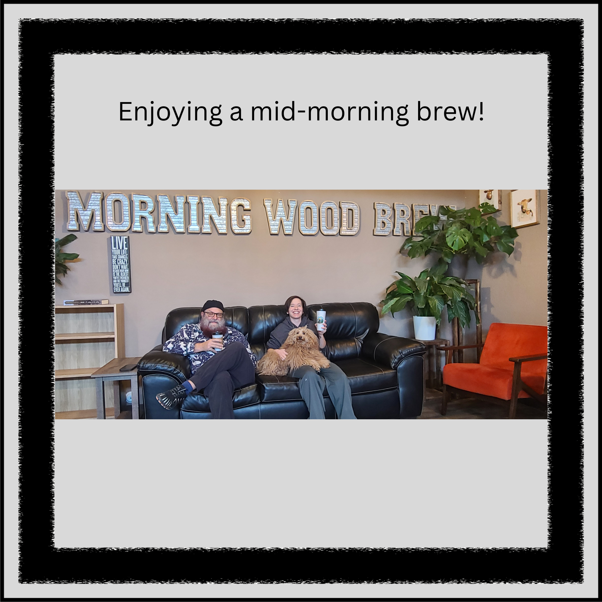 Steph and Mark enjoying coffee together on the couch inside Morning Wood Brew