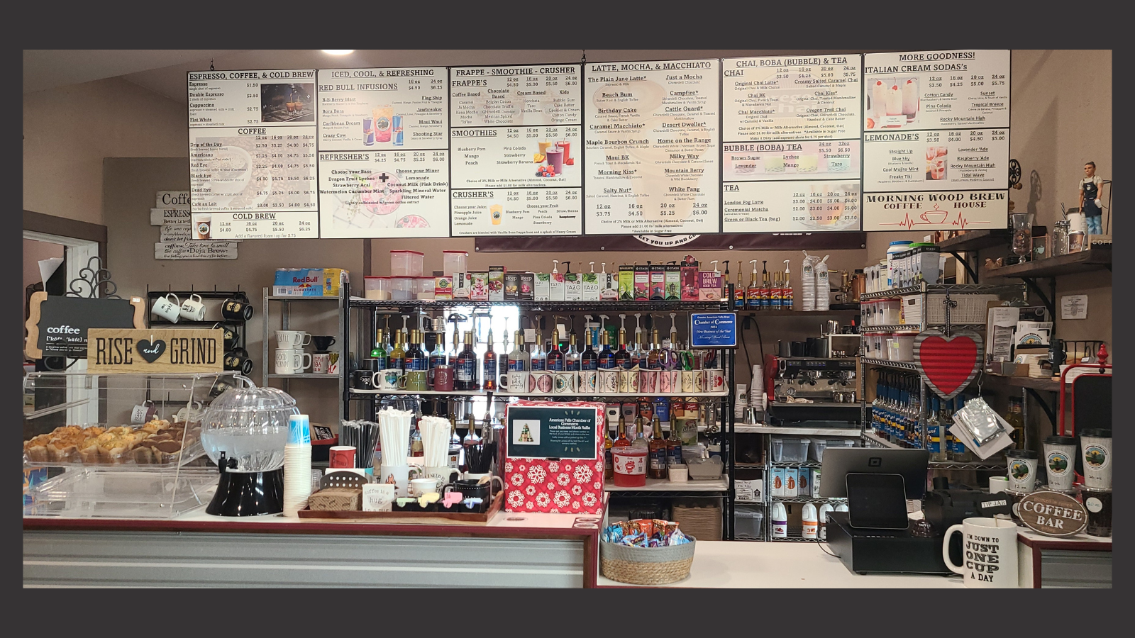 Front counter ordering area inside Morning Wood Brew coffee house in American Falls, Idaho.