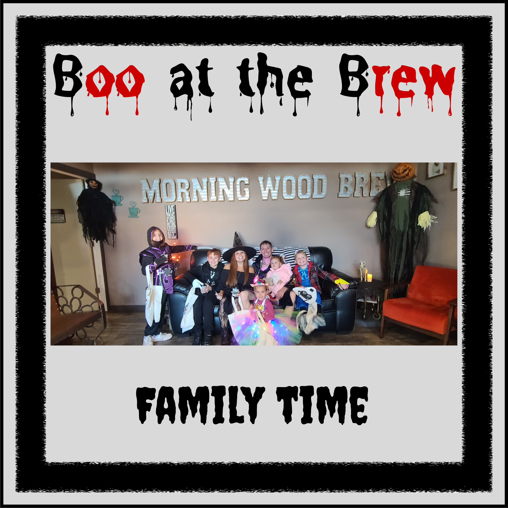 Drew’s family posing for a photo at Morning Wood Brew during the Boo at the Brew Halloween event