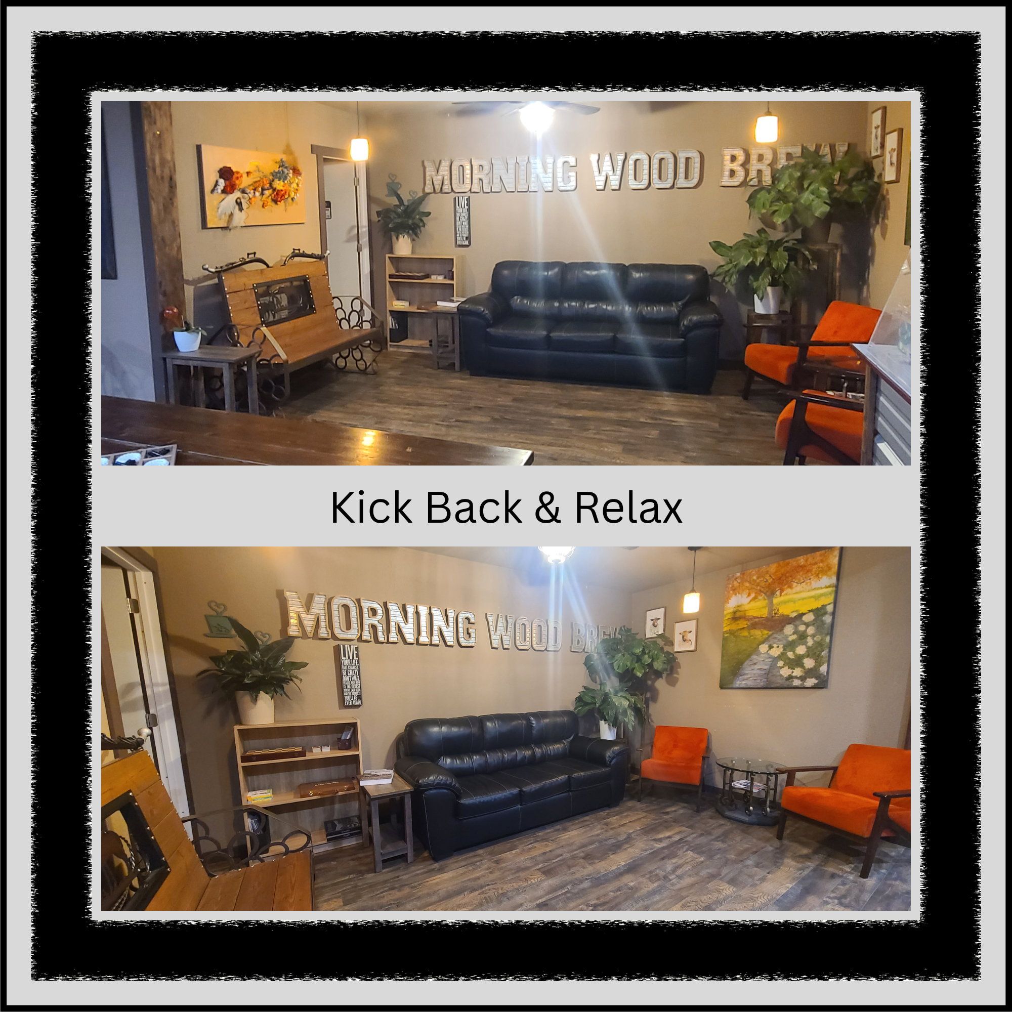 Cozy lounge seating area inside Morning Wood Brew in American Falls, Idaho featuring leather couch, accent chairs, plants, and warm lighting.