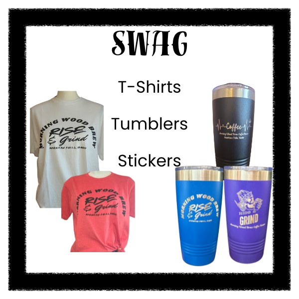 Morning Wood Brew coffee house merchandise including t-shirts, hats, mugs, and branded swag.