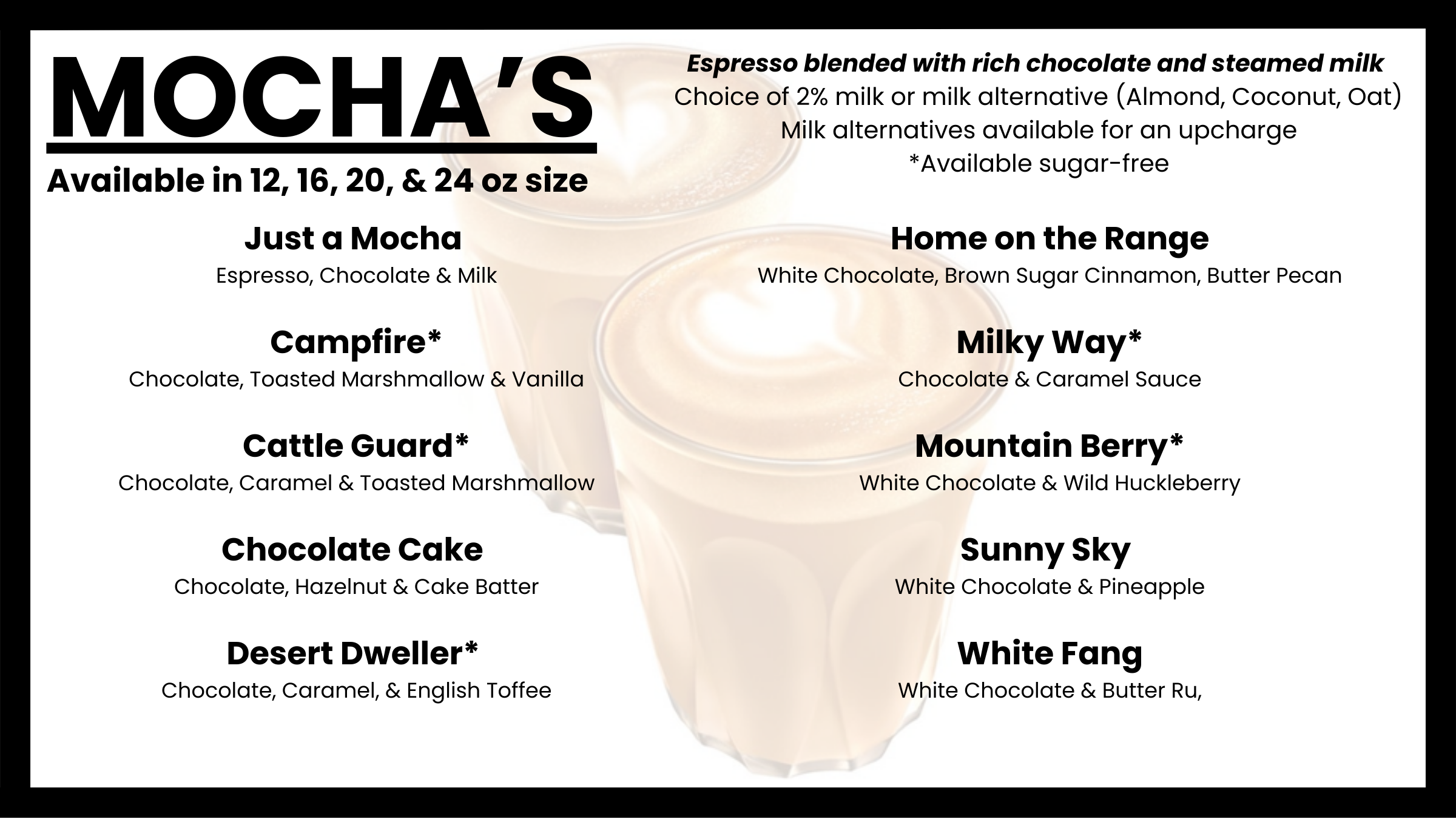 Mochas menu at Morning Wood Brew