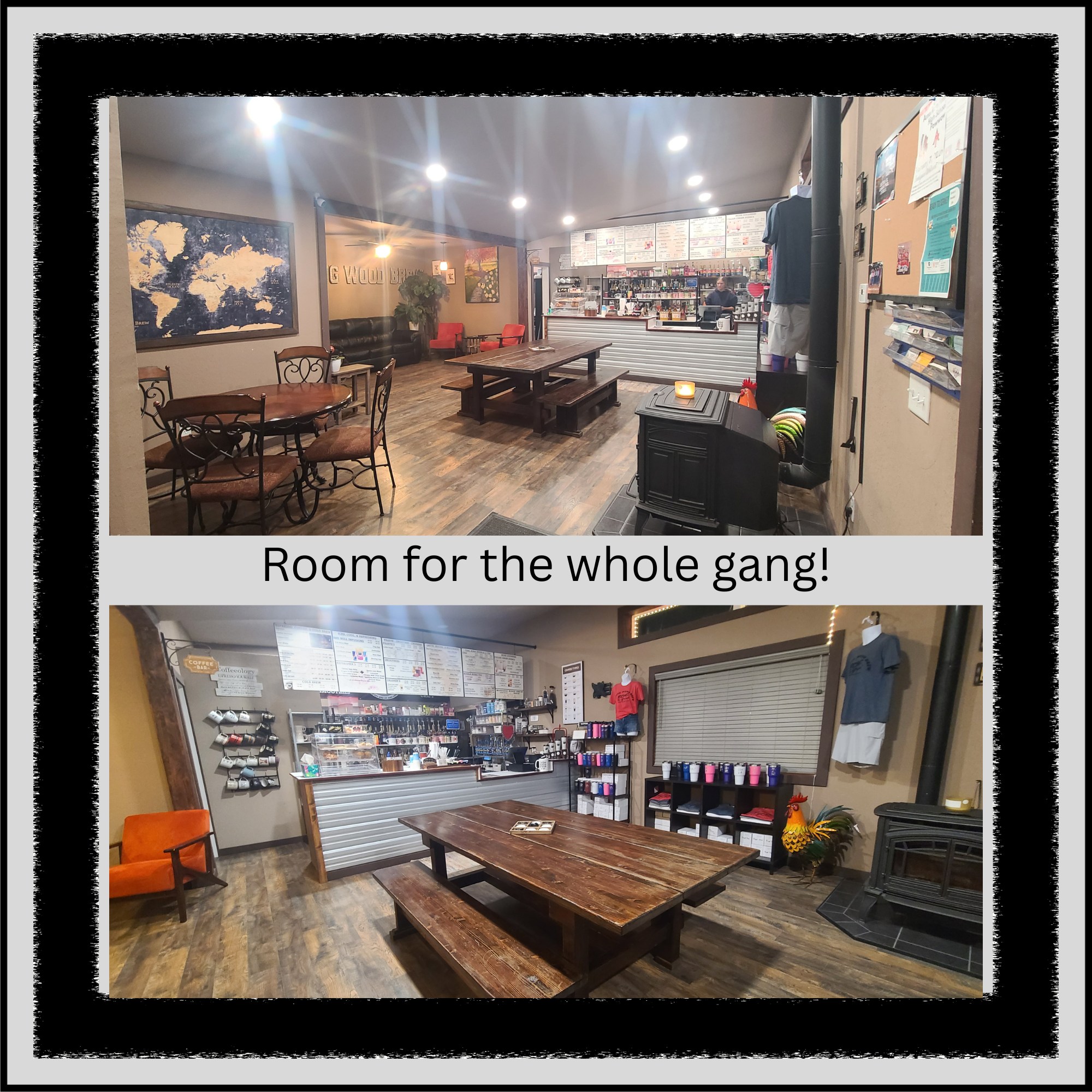 Spacious interior of Morning Wood Brew in American Falls, Idaho featuring large farmhouse table, bar seating, merchandise display, and cozy coffee house atmosphere