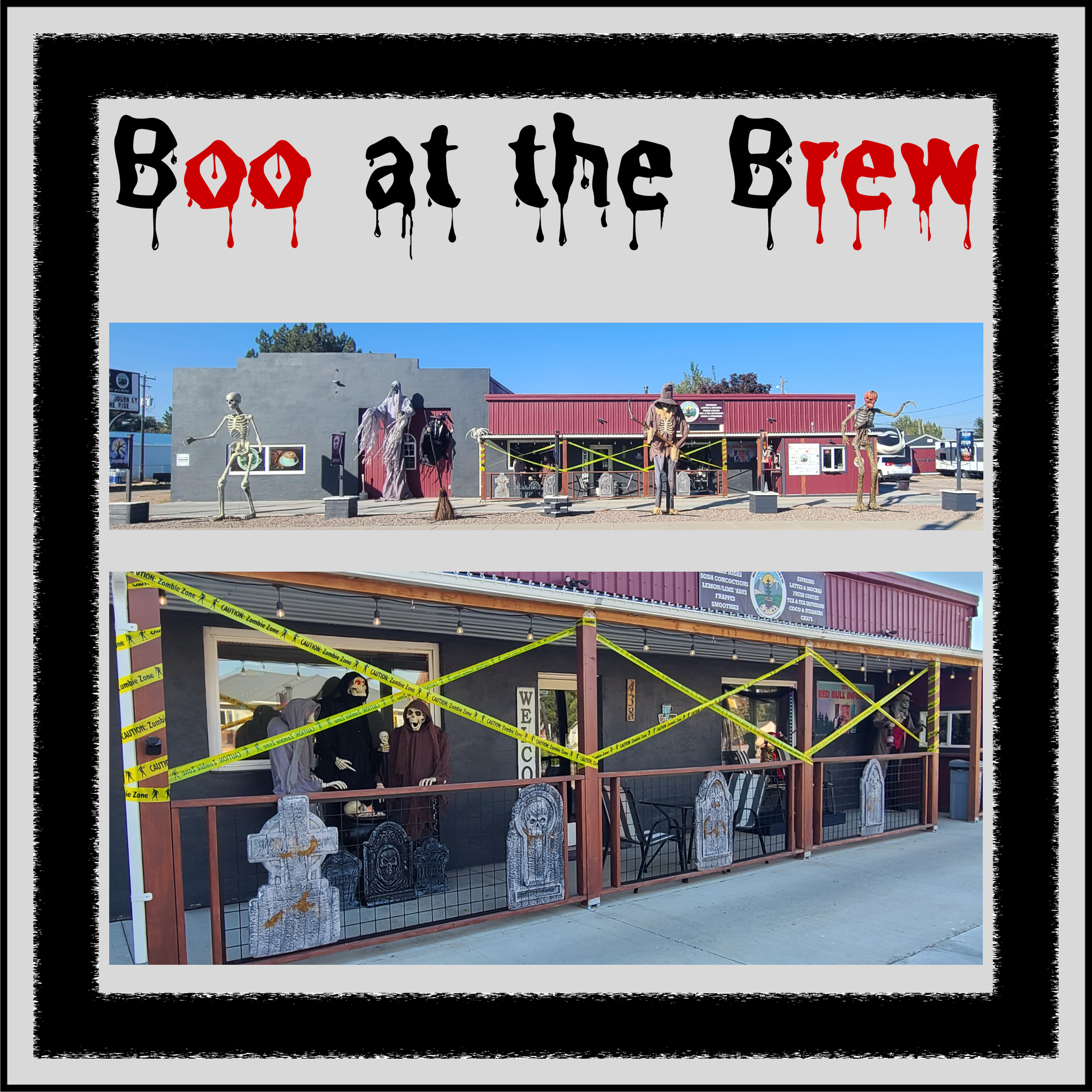 Exterior of Morning Wood Brew decorated for Boo at the Brew with large Halloween decorations outside the coffee house
