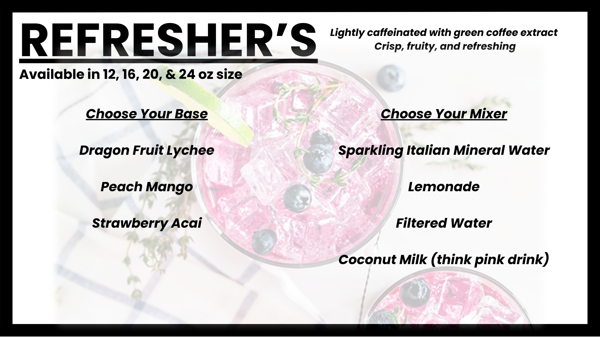 Refreshers menu at Morning Wood Brew