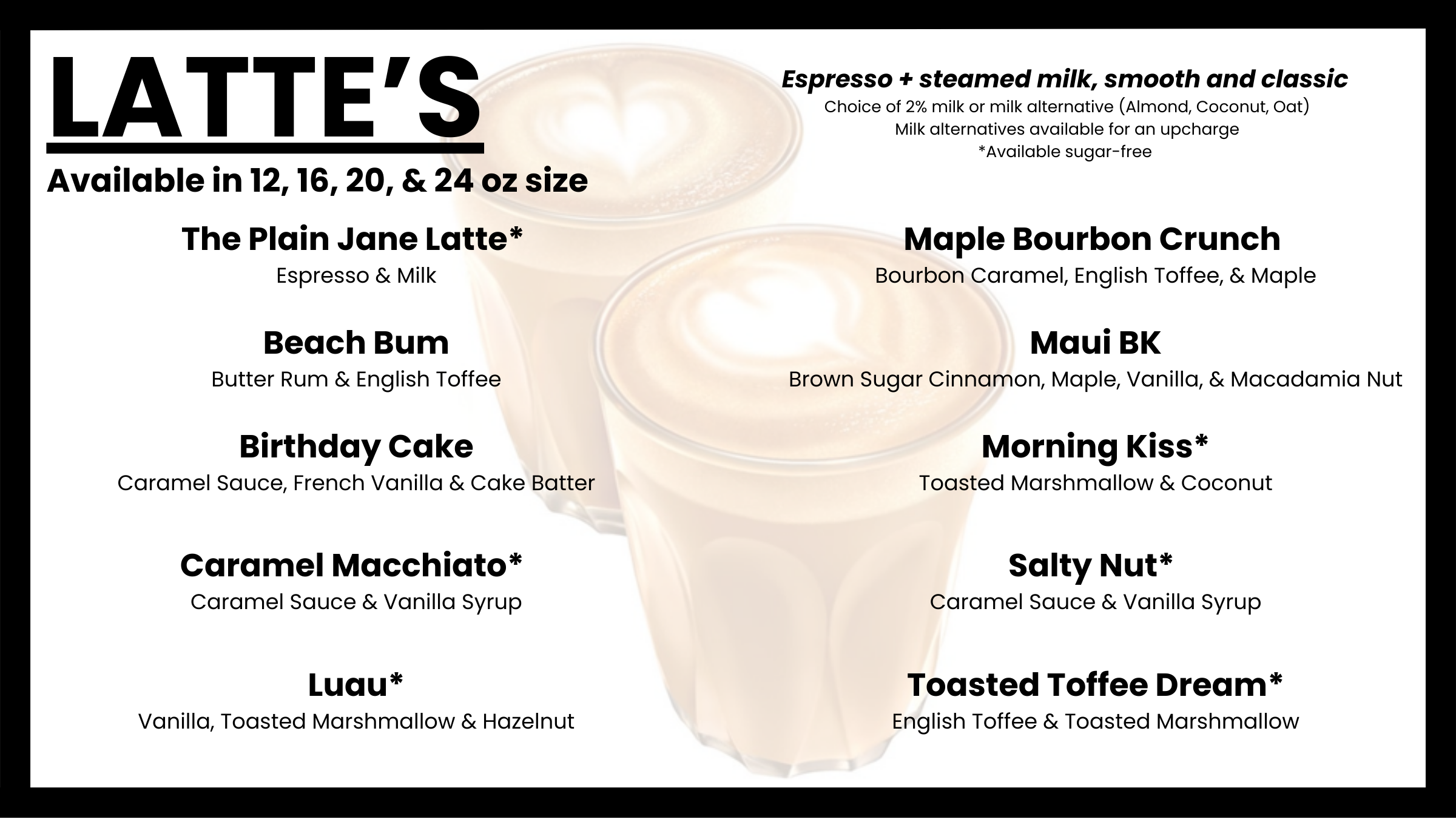 Lattes menu at Morning Wood Brew