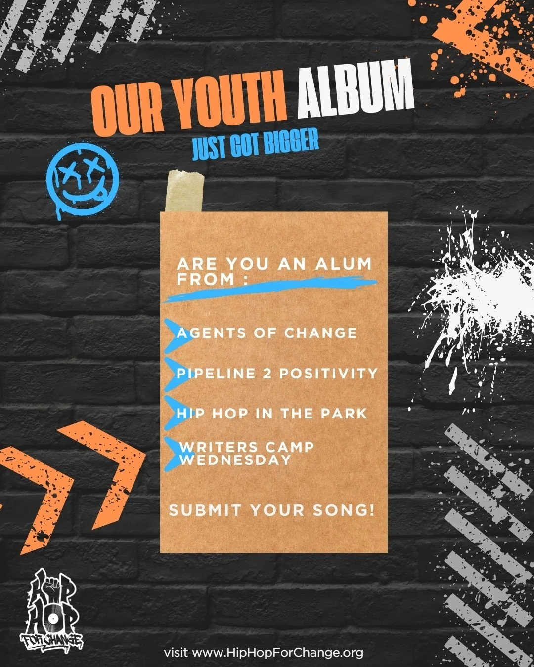 A graffiti-style poster on a brick wall promoting a youth album contest. It features bold text, blue checkmarks, scribbles, splatters, and a doodle of a smiling face with crossed-out eyes. The poster includes a list of questions and prompts about submitting songs and identifies as part of Hip Hop For Change.